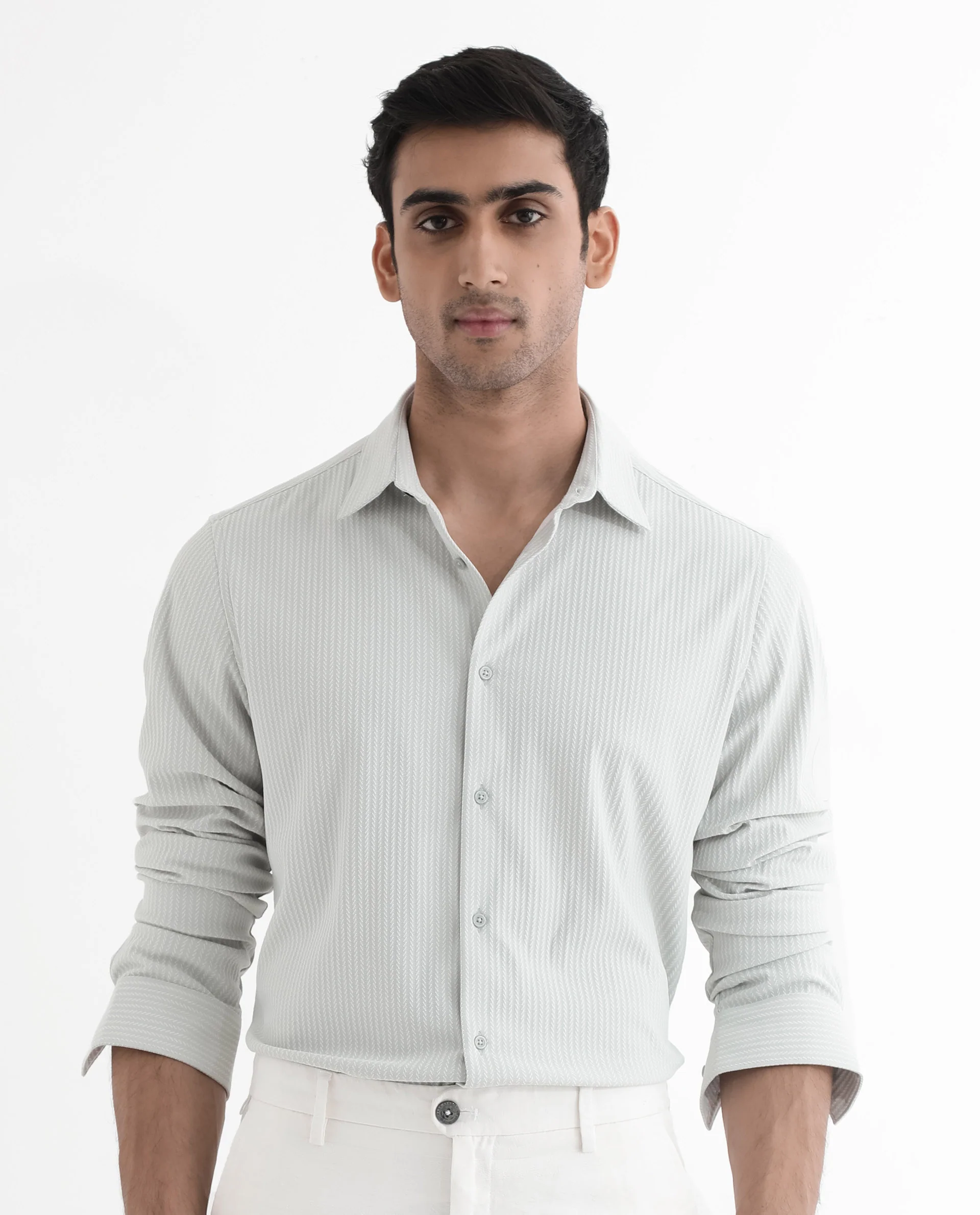 Rare Rabbit Men's Exclo Pastel Blue Polyester Jacquard Regular Fit Full Sleeve Collared Shirt