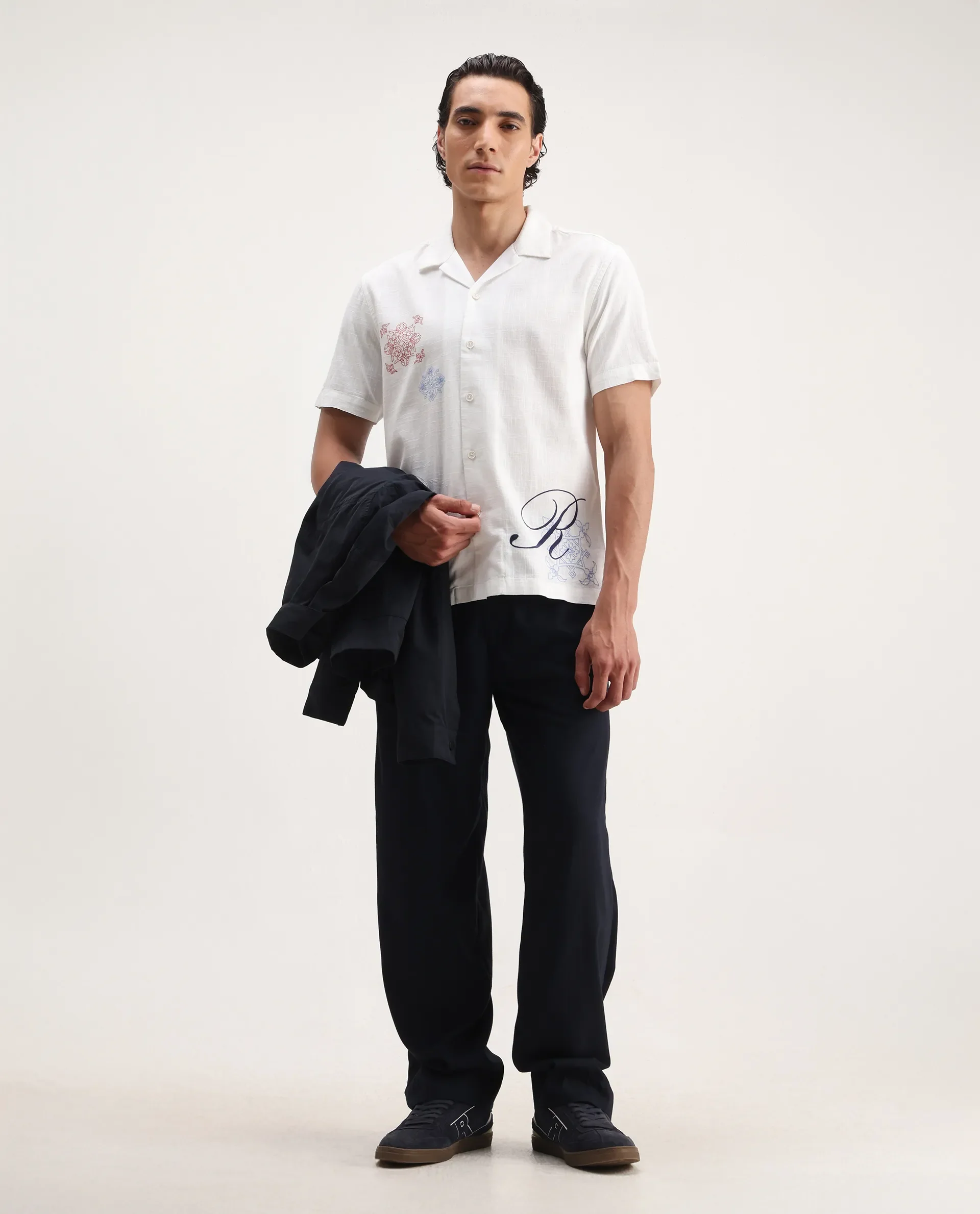 Rare Rabbit Men's Fedger White Viscose Embroidered Boxy Fit Half Sleeve Cuban Collar Shirt - Image 2