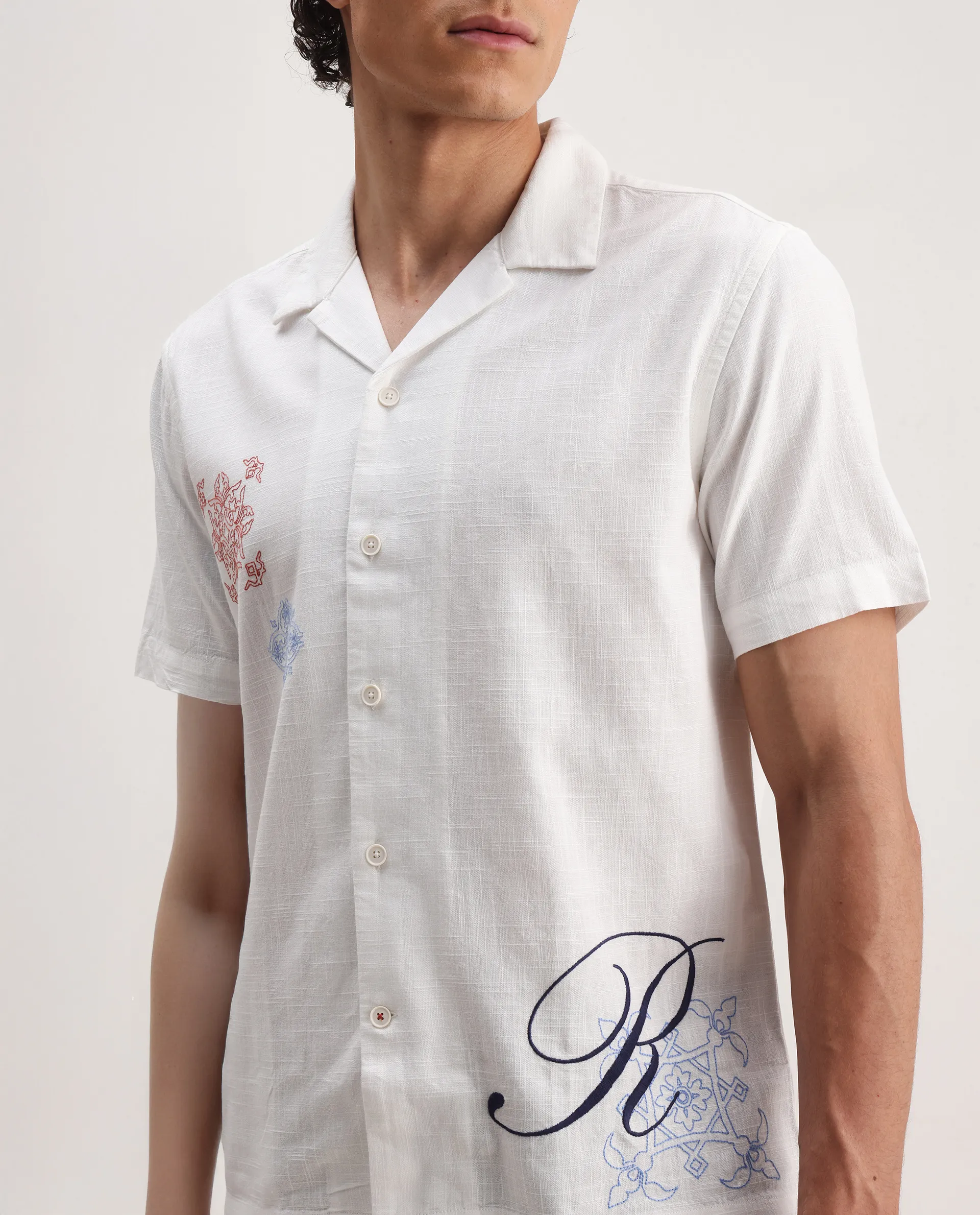 Rare Rabbit Men's Fedger White Viscose Embroidered Boxy Fit Half Sleeve Cuban Collar Shirt - Image 3