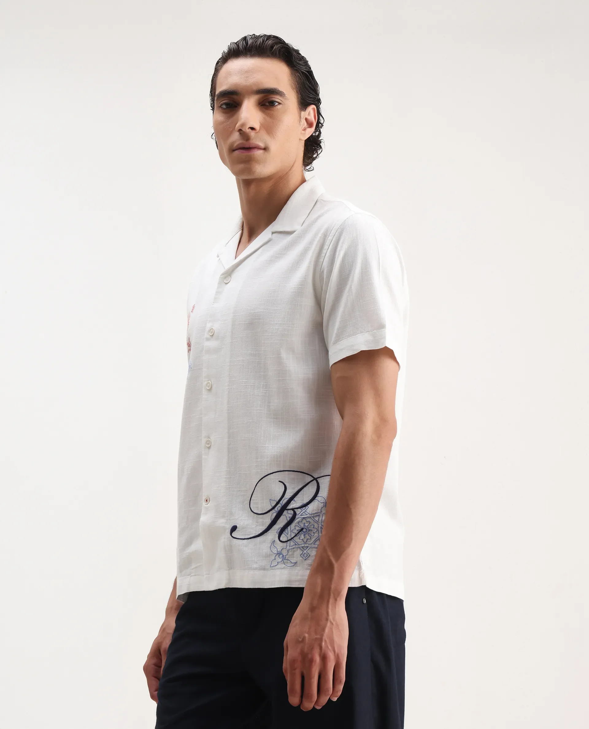 Rare Rabbit Men's Fedger White Viscose Embroidered Boxy Fit Half Sleeve Cuban Collar Shirt - Image 4