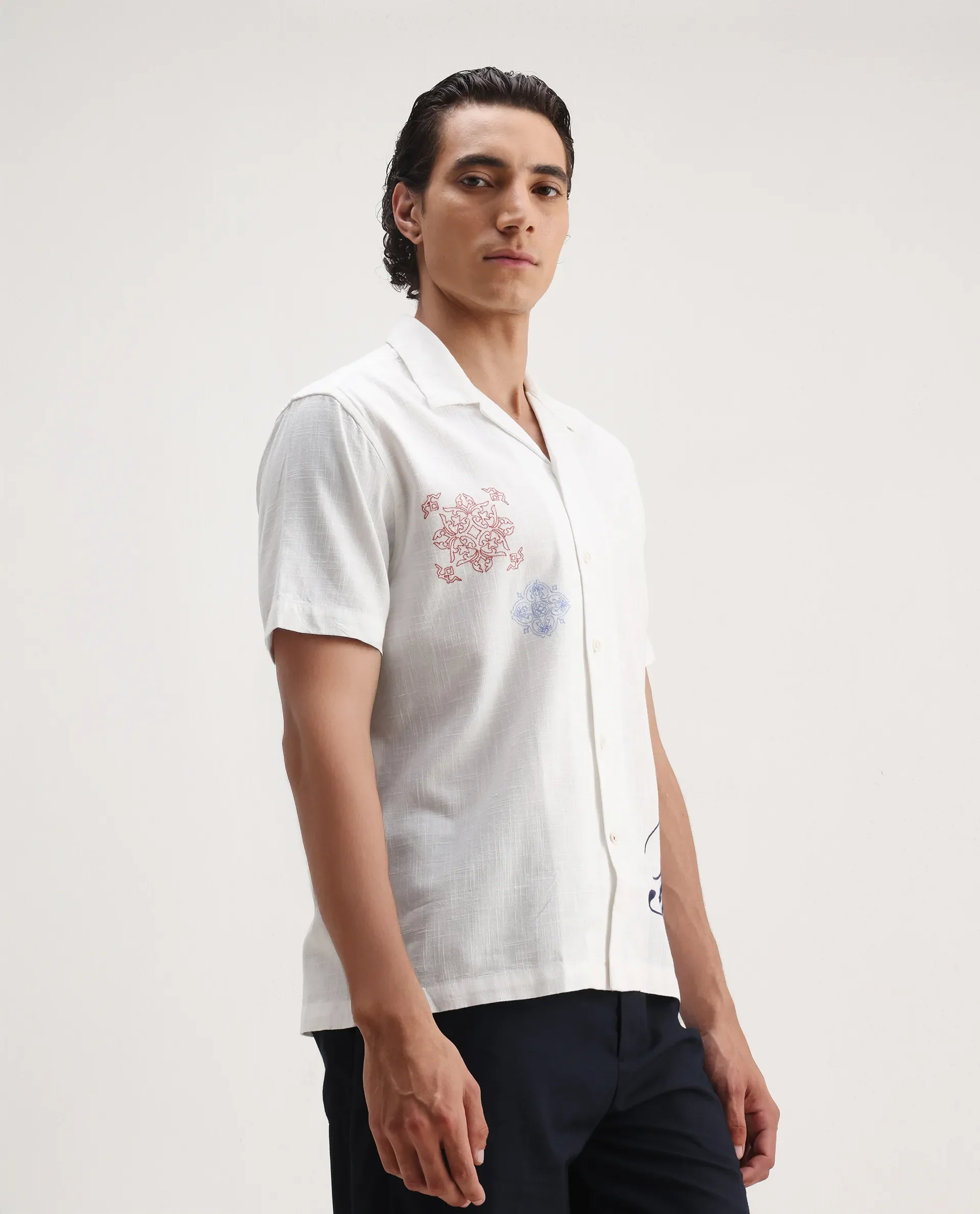 Rare Rabbit Men's Fedger White Viscose Embroidered Boxy Fit Half Sleeve Cuban Collar Shirt - Image 5