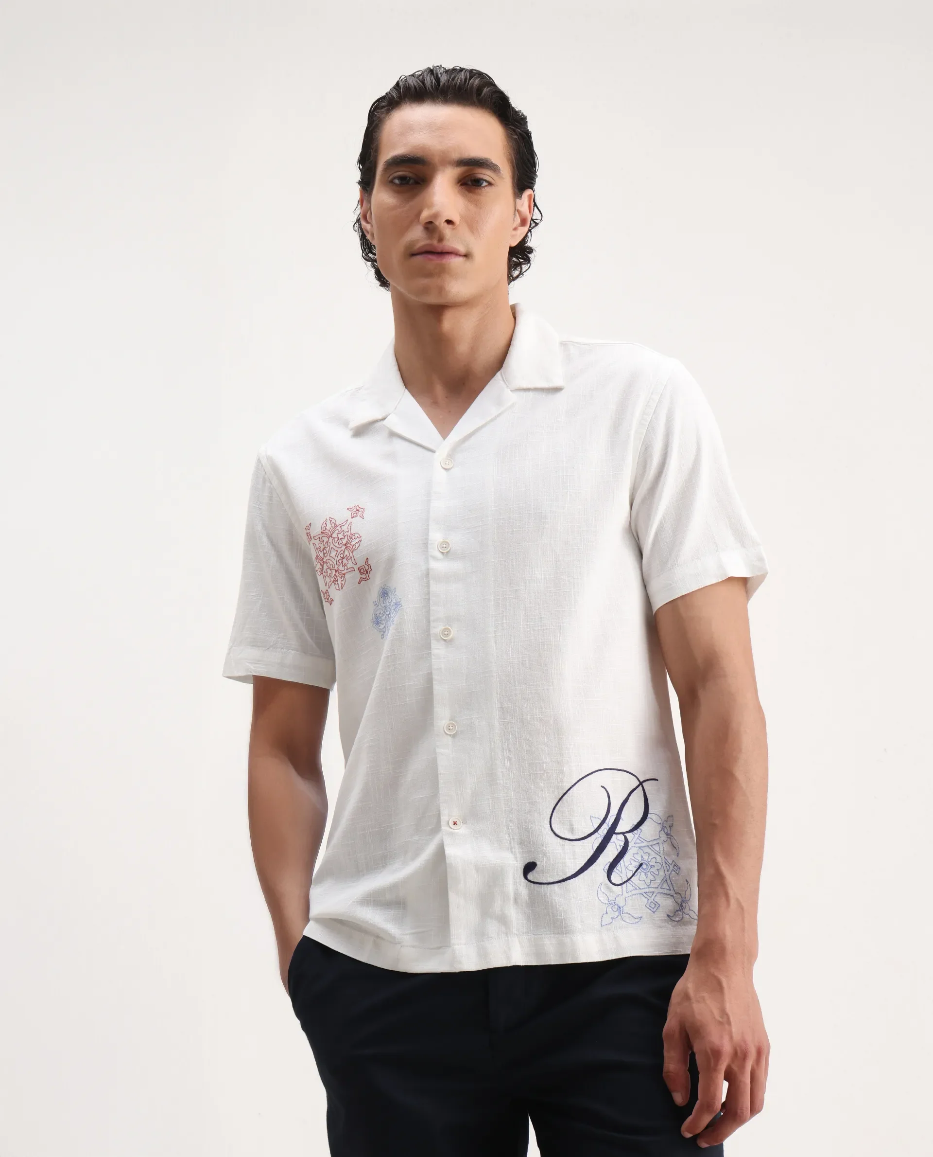 Rare Rabbit Men's Fedger White Viscose Embroidered Boxy Fit Half Sleeve Cuban Collar Shirt - Image 6