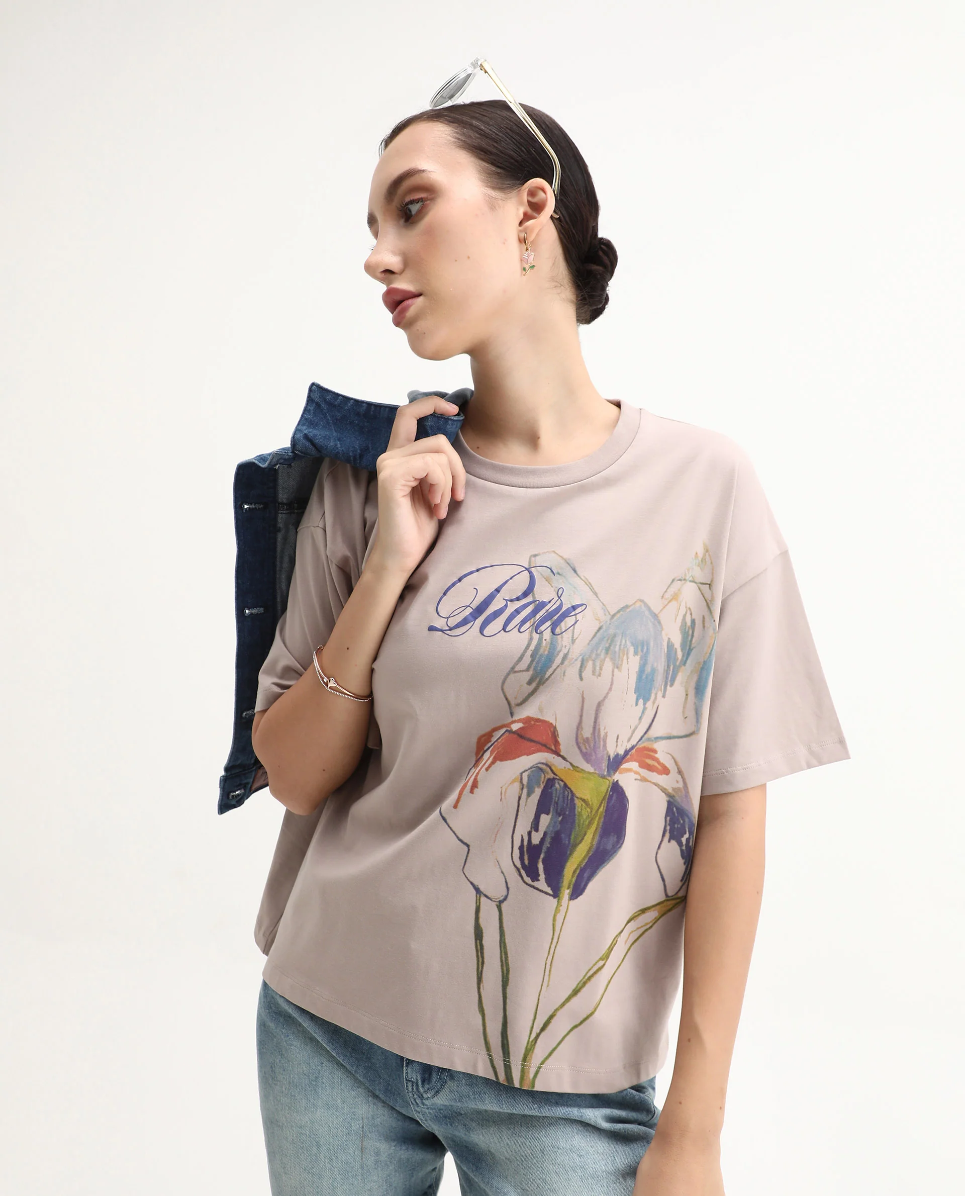 Rareism Women's Fero Beige Cotton Blend Crew Neck Relaxed Fit T-Shirt