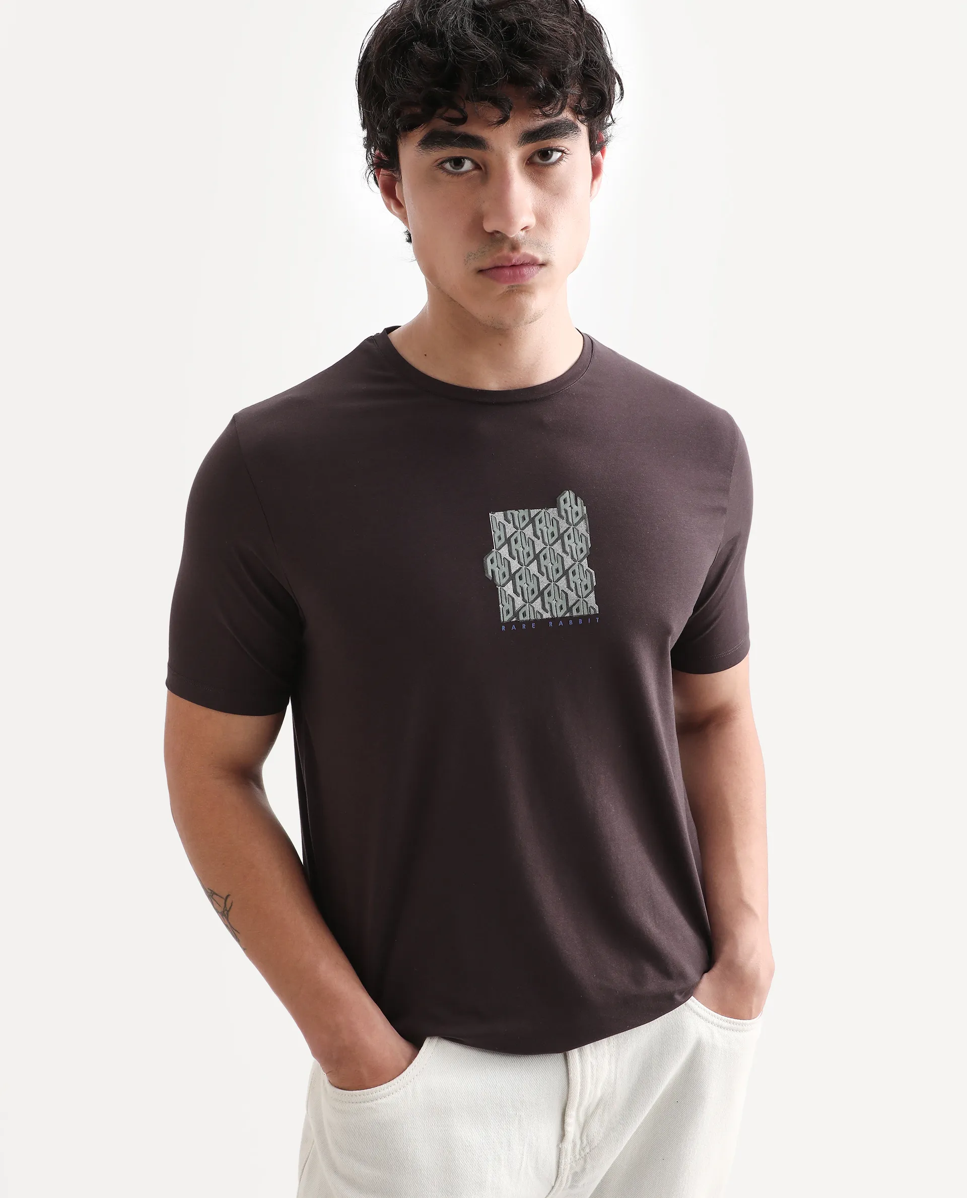 Rare Rabbit Men's Feso Dark Brown Cotton Blend Graphic Print Regular Fit Half Sleeve Crew Neck T-Shirt
