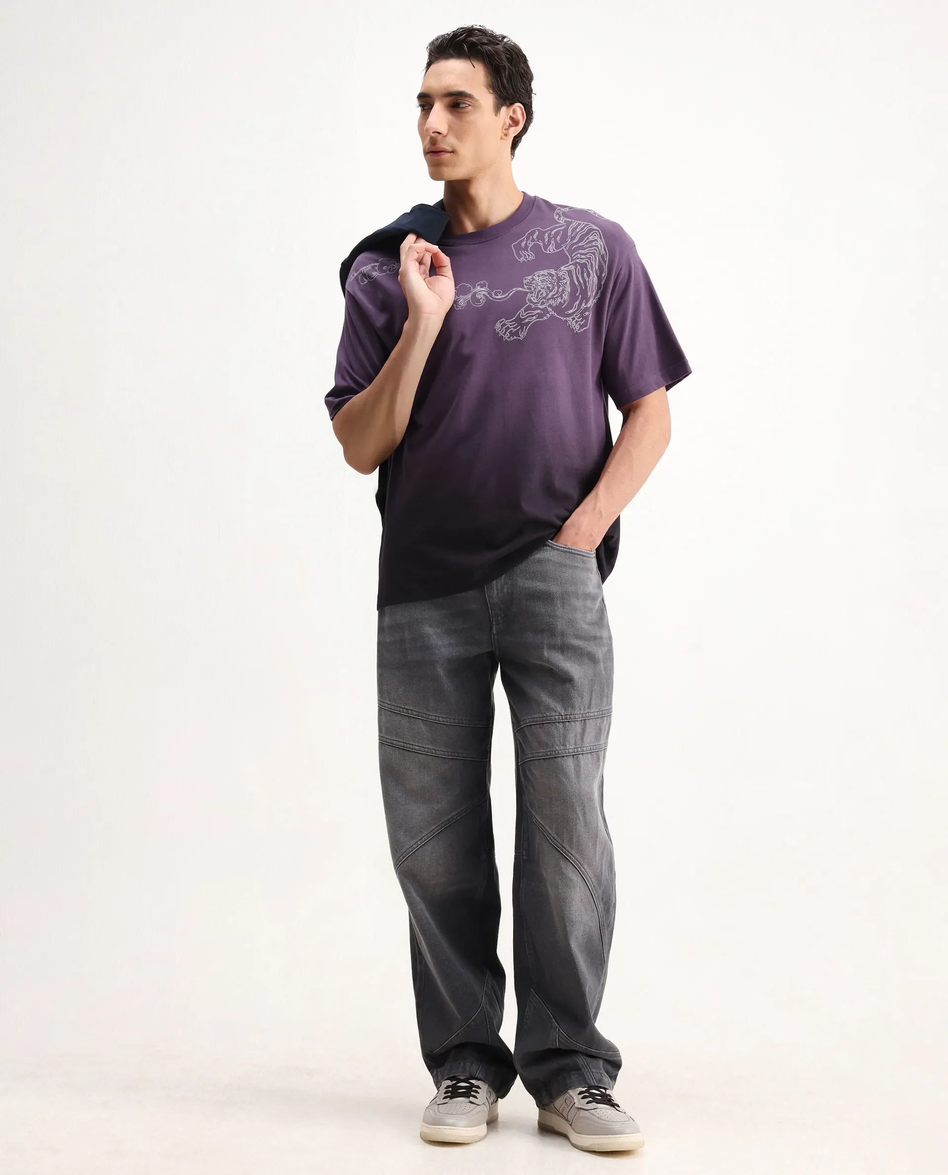 Rare Rabbit Men's Fig Dark Purple Cotton Embroidered Oversized Fit Half Sleeve Crew Neck T-Shirt - Image 2