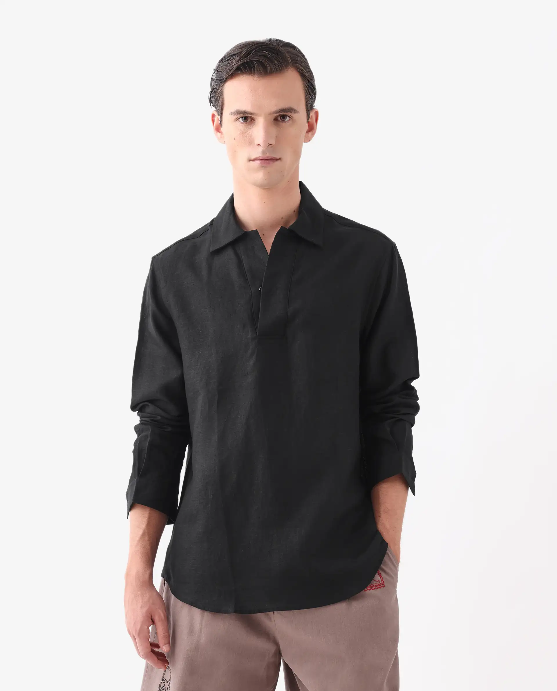Rare Rabbit Men's Figh Black 100% Linen Plain Regular Fit Full Sleeve Collared Shirt