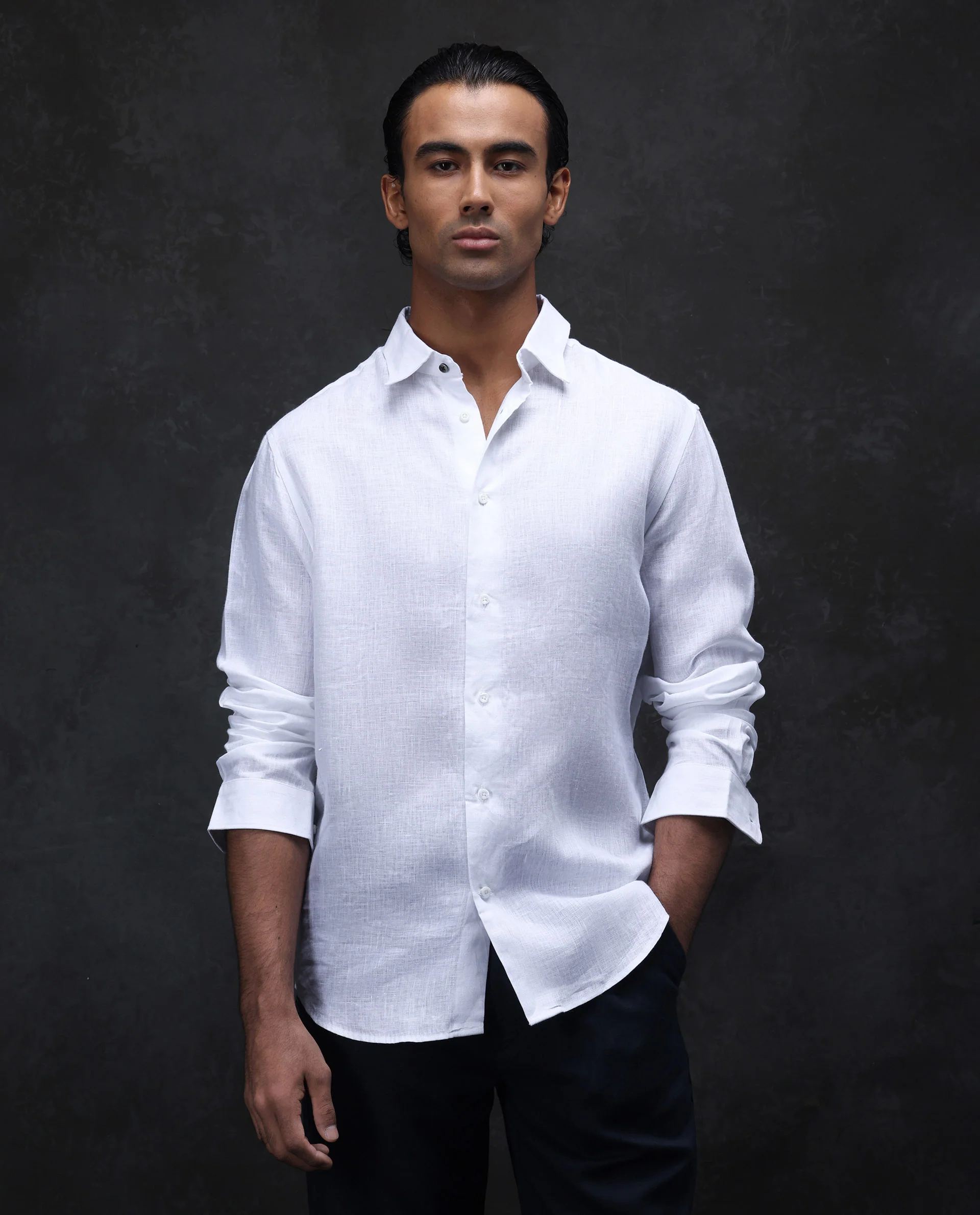 Rare Rabbit Men's Fign White 100% Linen Plain Regular Fit Full Sleeve Collared Shirt