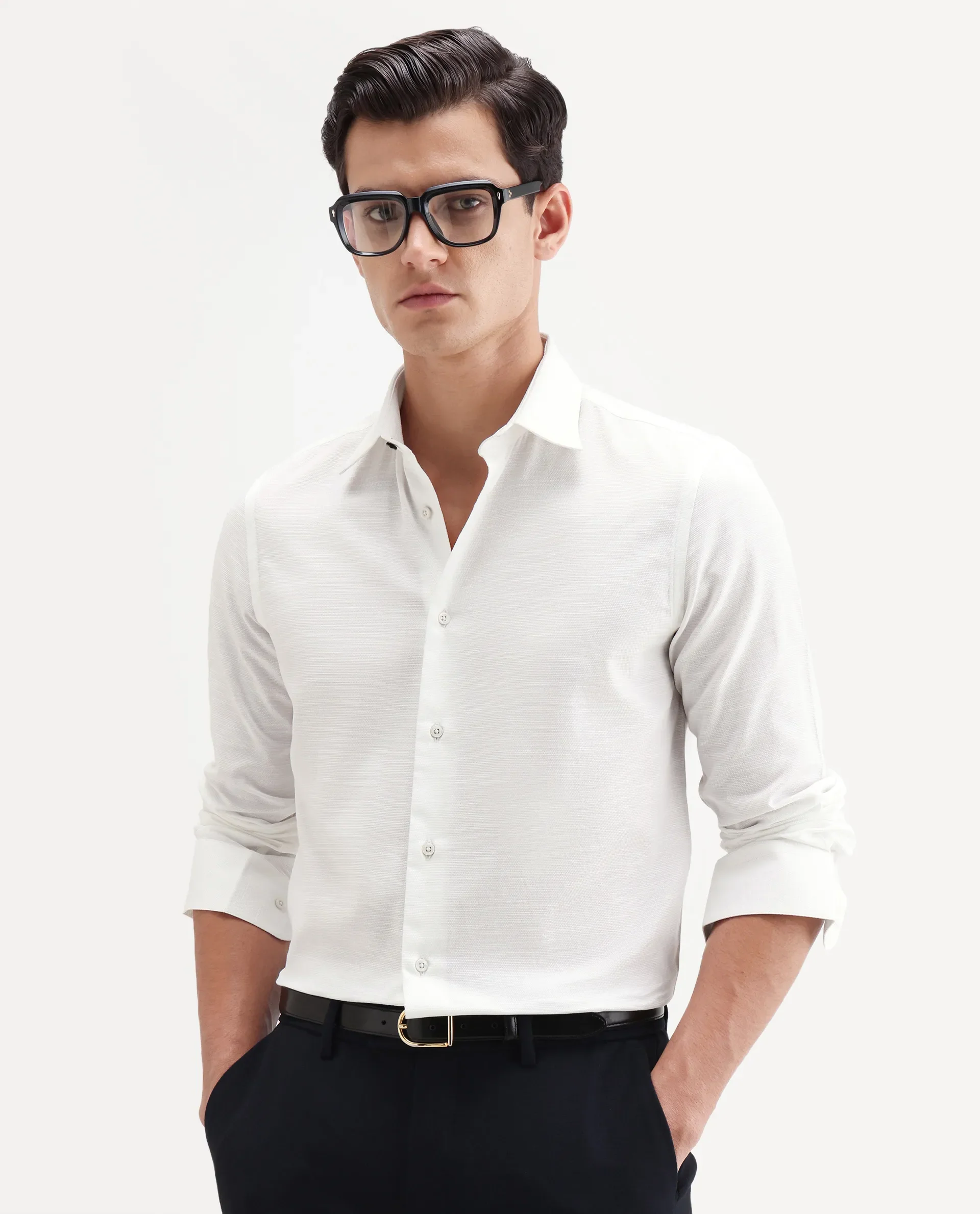 Rare Rabbit Men's Filo White Cotton Full Sleeve Spread Collar Regular Fit Plain Shirt