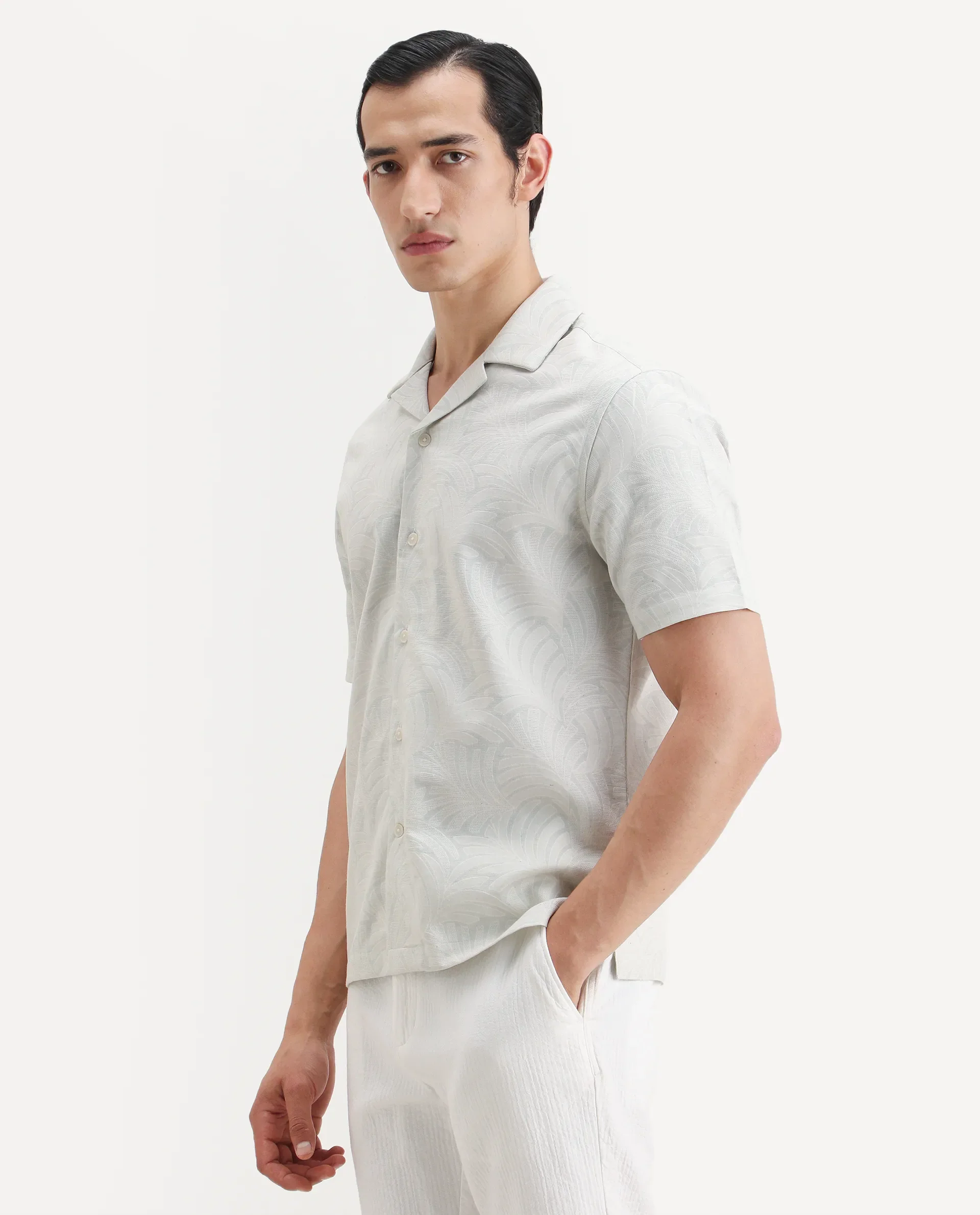 Rare Rabbit Men's Fira Off White Linen Blend Half Sleeve Cuban Collar Regular Fit Jacquard Shirt - Image 5