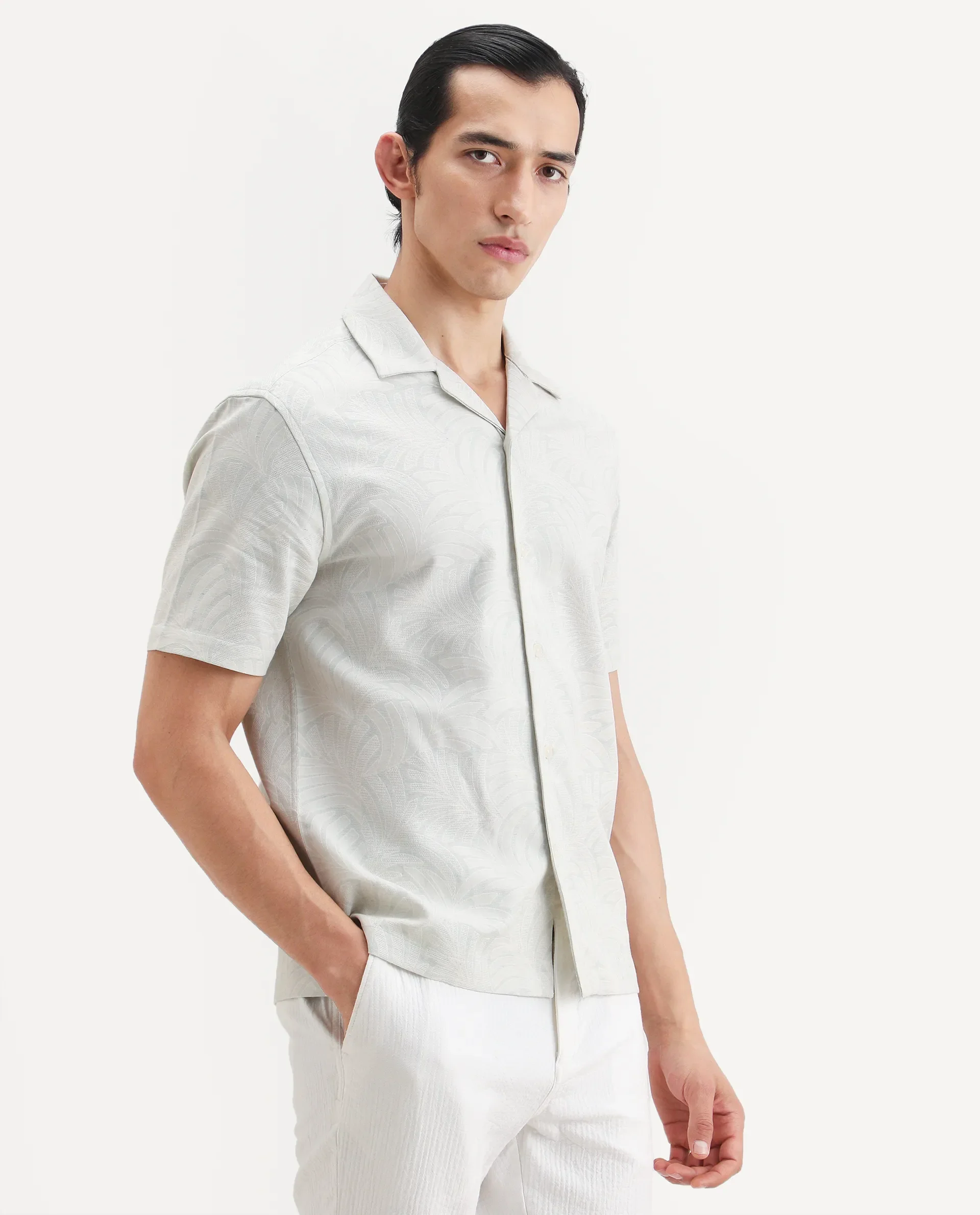 Rare Rabbit Men's Fira Off White Linen Blend Half Sleeve Cuban Collar Regular Fit Jacquard Shirt - Image 6