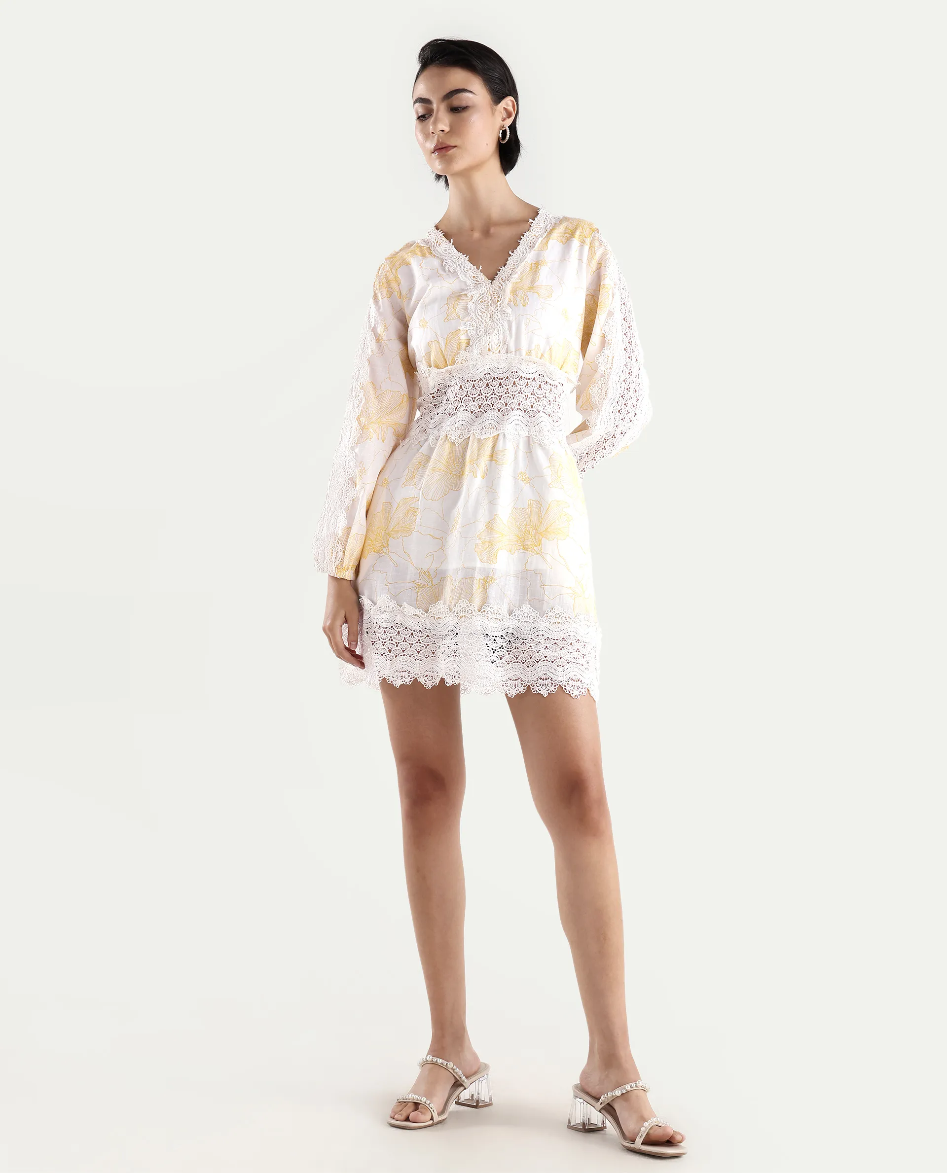 Rareism Women's Fiscella Pastel Yellow Cotton V-Neck Floral Print Bishop Sleeve Mini Fit And Flare Dress - Image 2