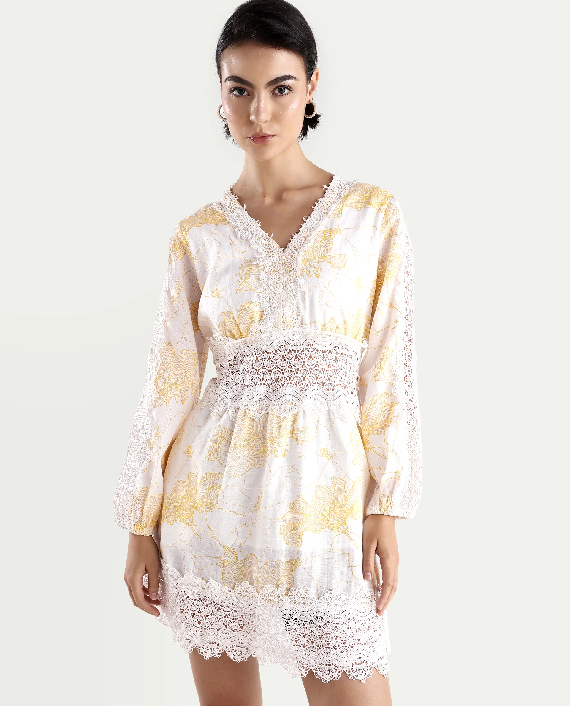 Rareism Women's Fiscella Pastel Yellow Cotton V-Neck Floral Print Bishop Sleeve Mini Fit And Flare Dress - Image 3