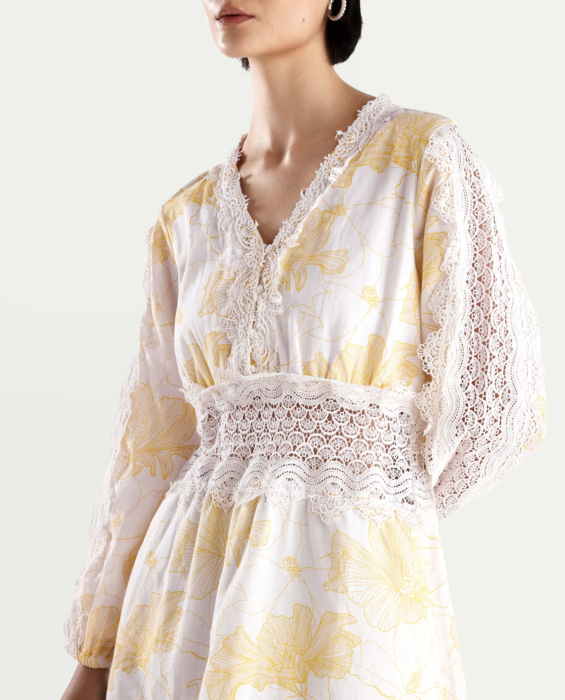 Rareism Women's Fiscella Pastel Yellow Cotton V-Neck Floral Print Bishop Sleeve Mini Fit And Flare Dress - Image 4