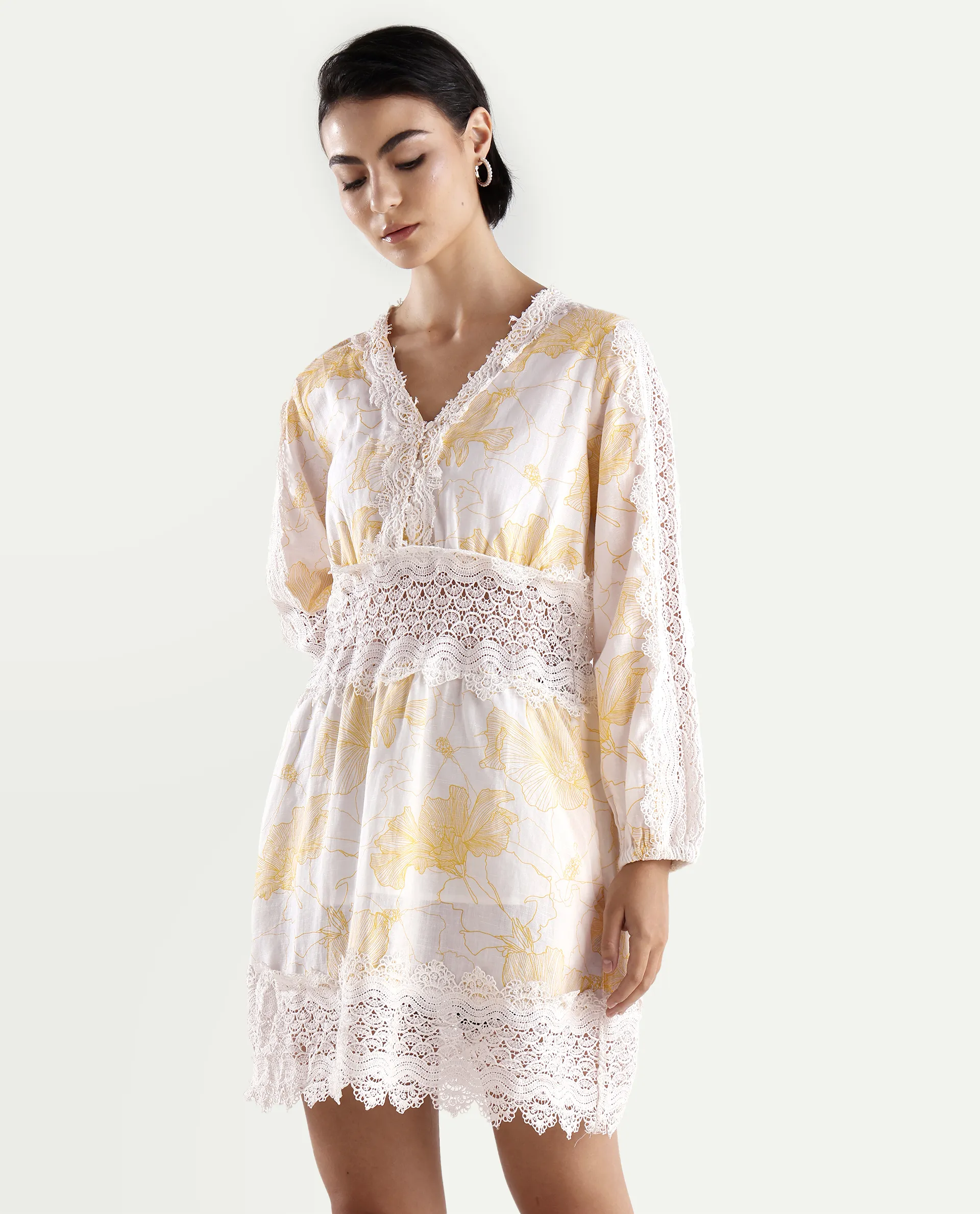 Rareism Women's Fiscella Pastel Yellow Cotton V-Neck Floral Print Bishop Sleeve Mini Fit And Flare Dress - Image 5