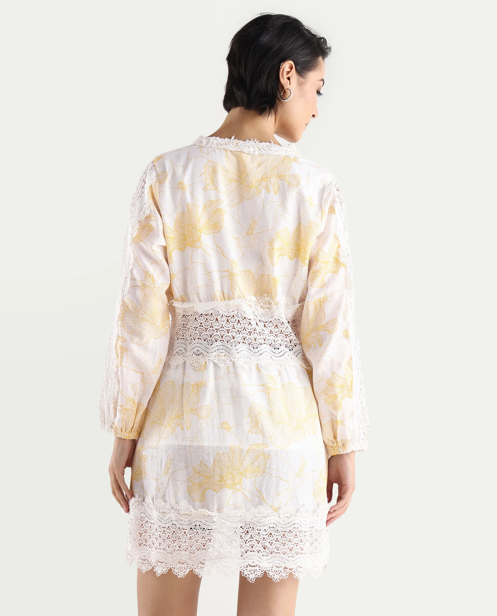 Rareism Women's Fiscella Pastel Yellow Cotton V-Neck Floral Print Bishop Sleeve Mini Fit And Flare Dress - Image 7
