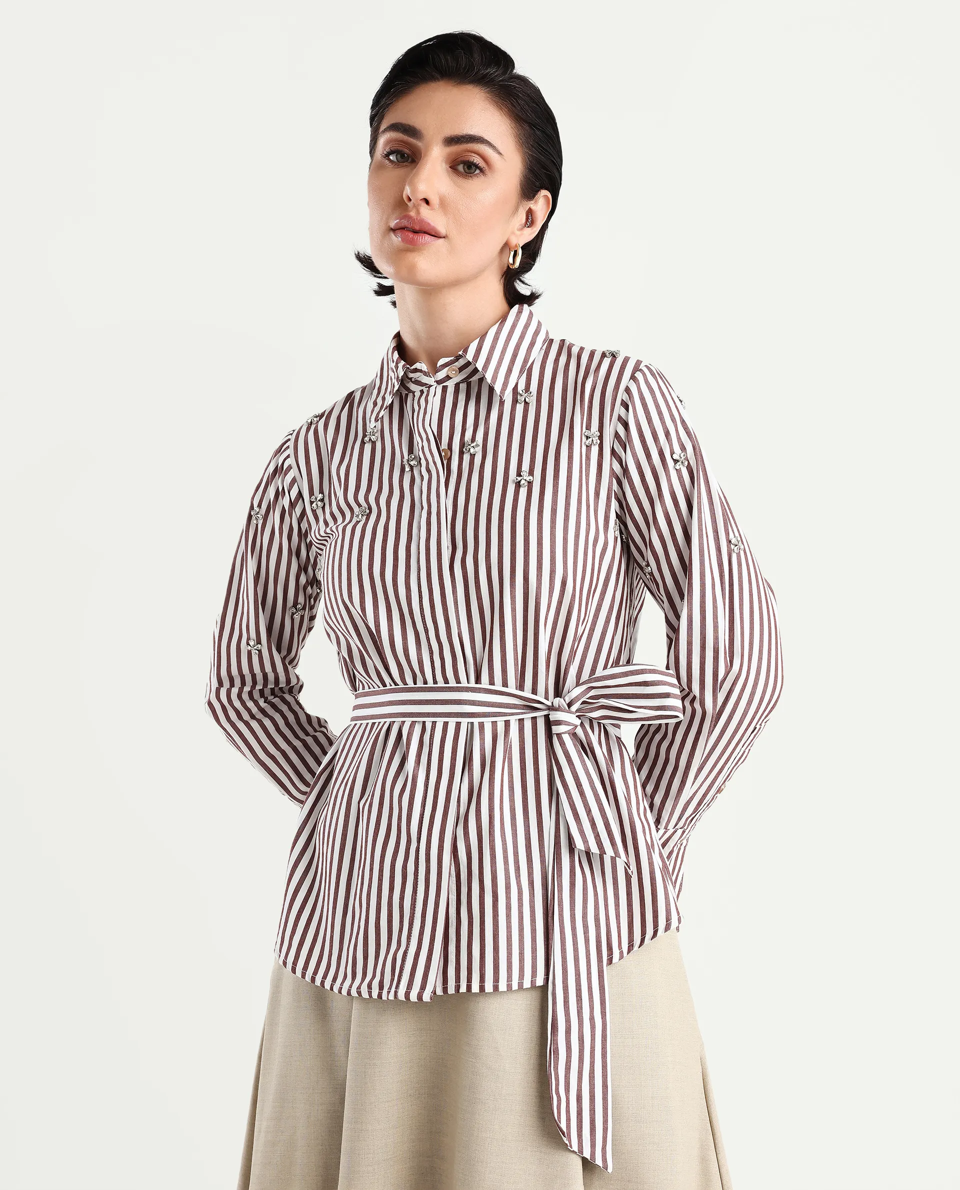 Rareism Women's Fitto Rust Cotton Drop Collar Striped Cuffed Sleeve Regular Fit Shirt