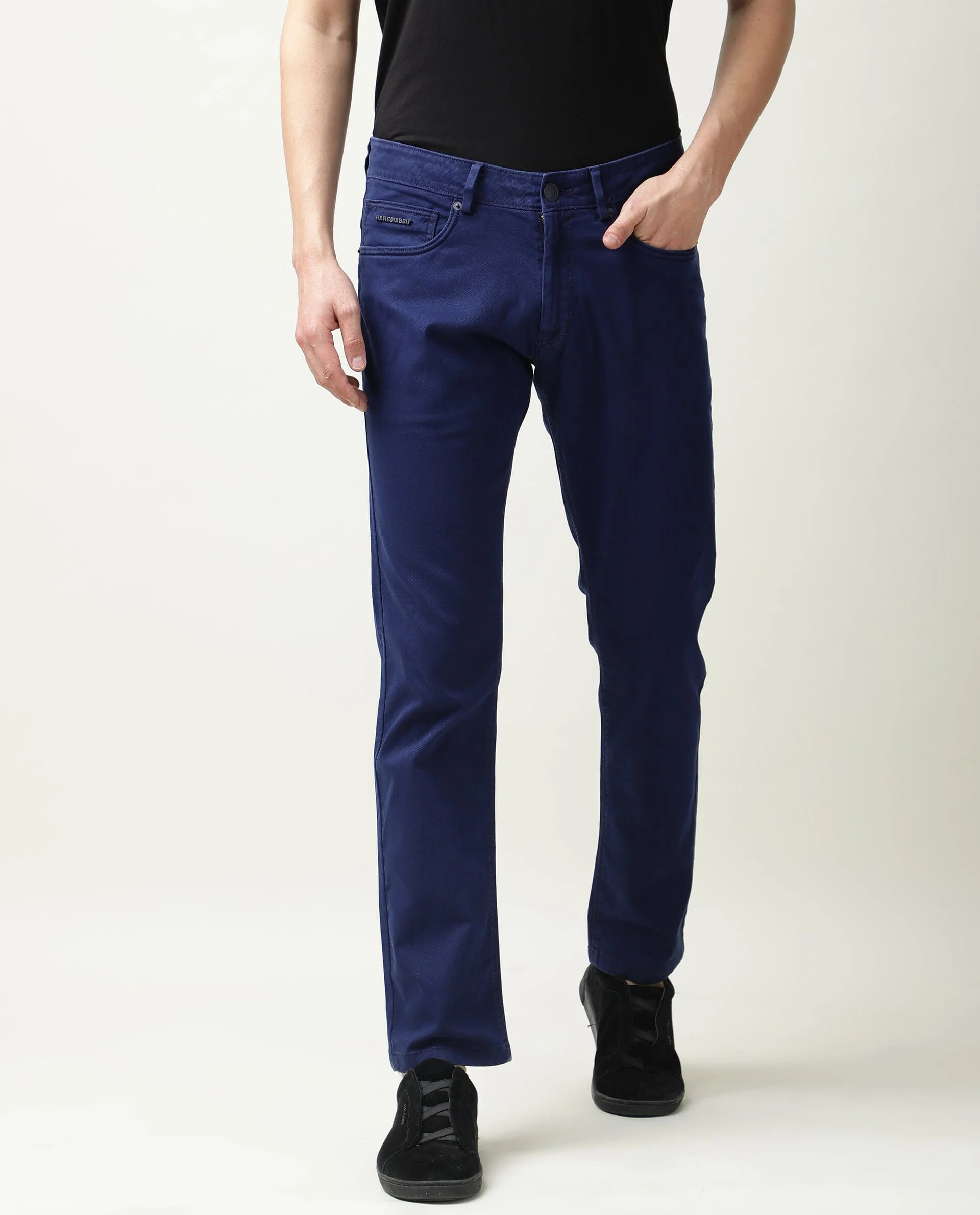 Rare Rabbit Men's Fiv5 Blue Cotton Plain Slim Fit Trouser