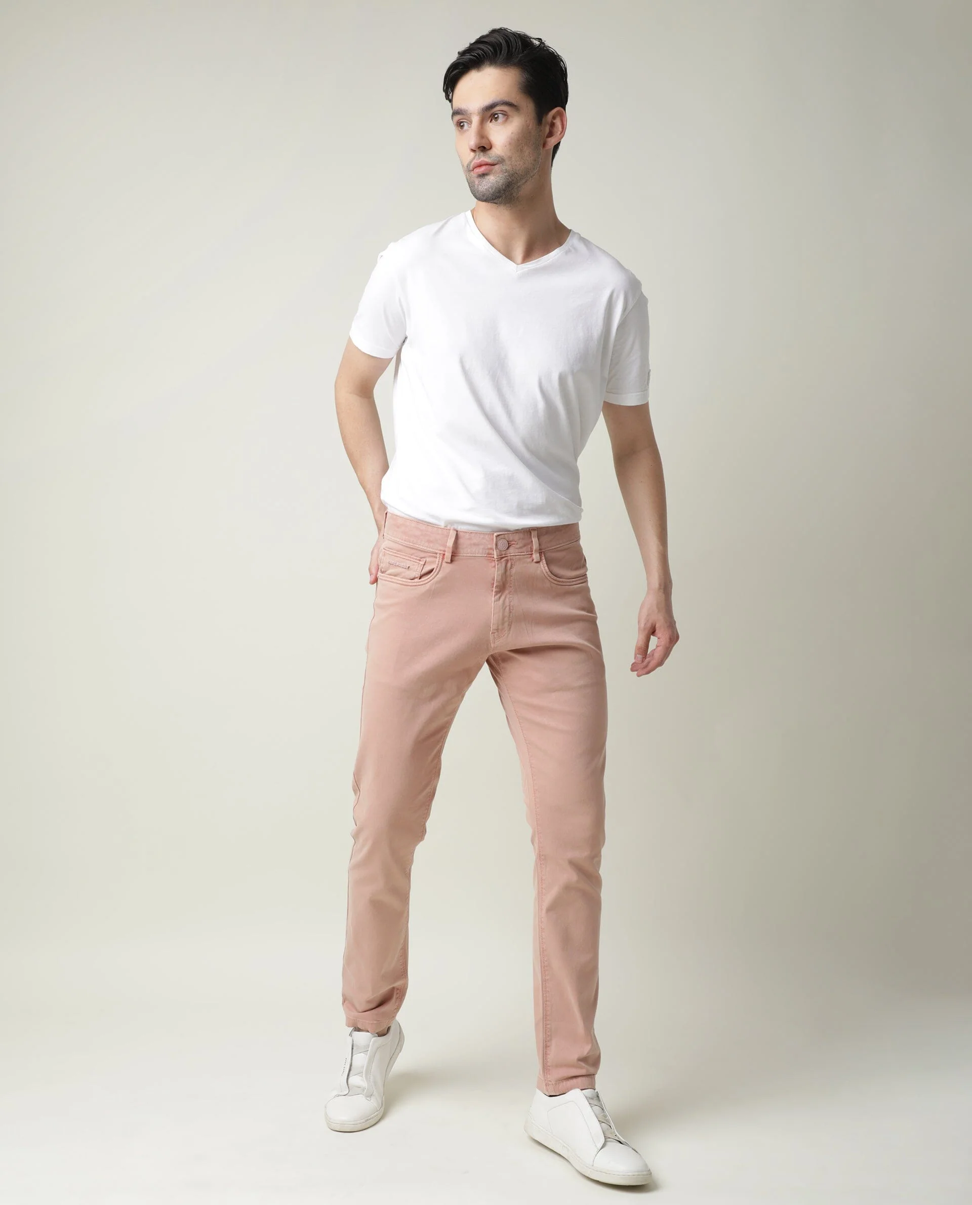 Rare Rabbit Men's Fiv5 Pink Cotton Plain Slim Fit Trouser