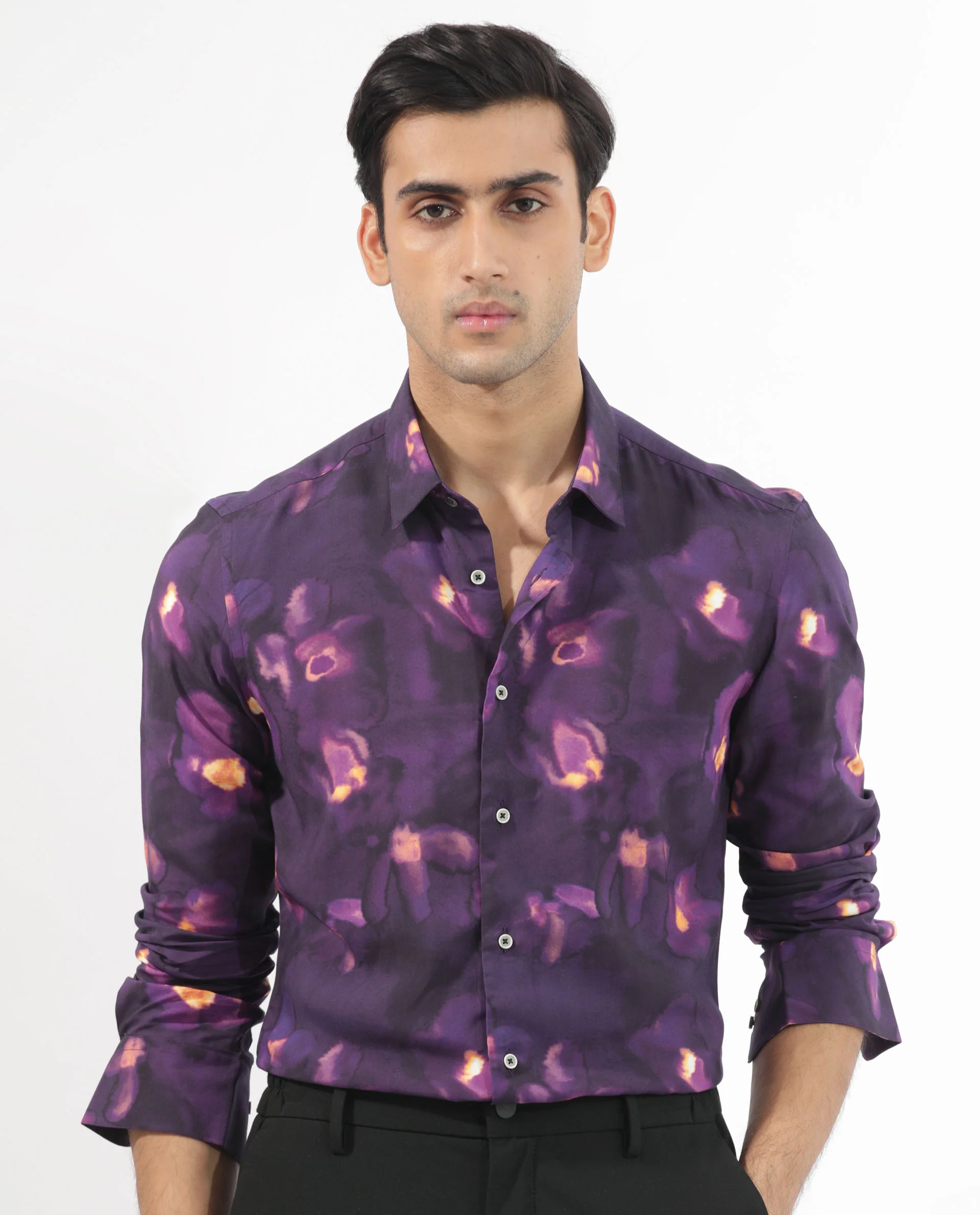 Rare Rabbit Men's Flage Purple Viscose Floral Print Regular Fit Full Sleeve Collared Shirt