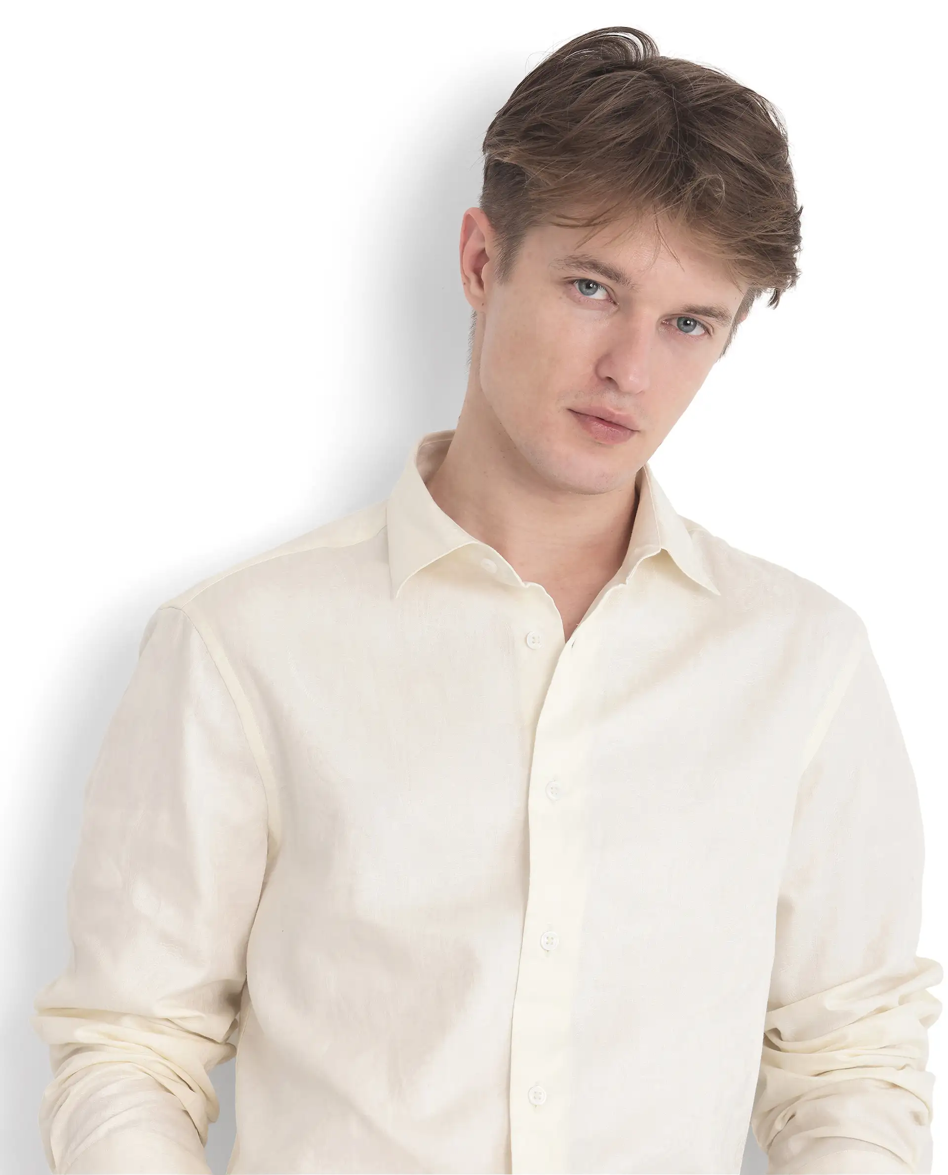 Rare Rabbit Men's Flarp Off White Cotton Jacquard Regular Fit Full Sleeve Collared Shirt