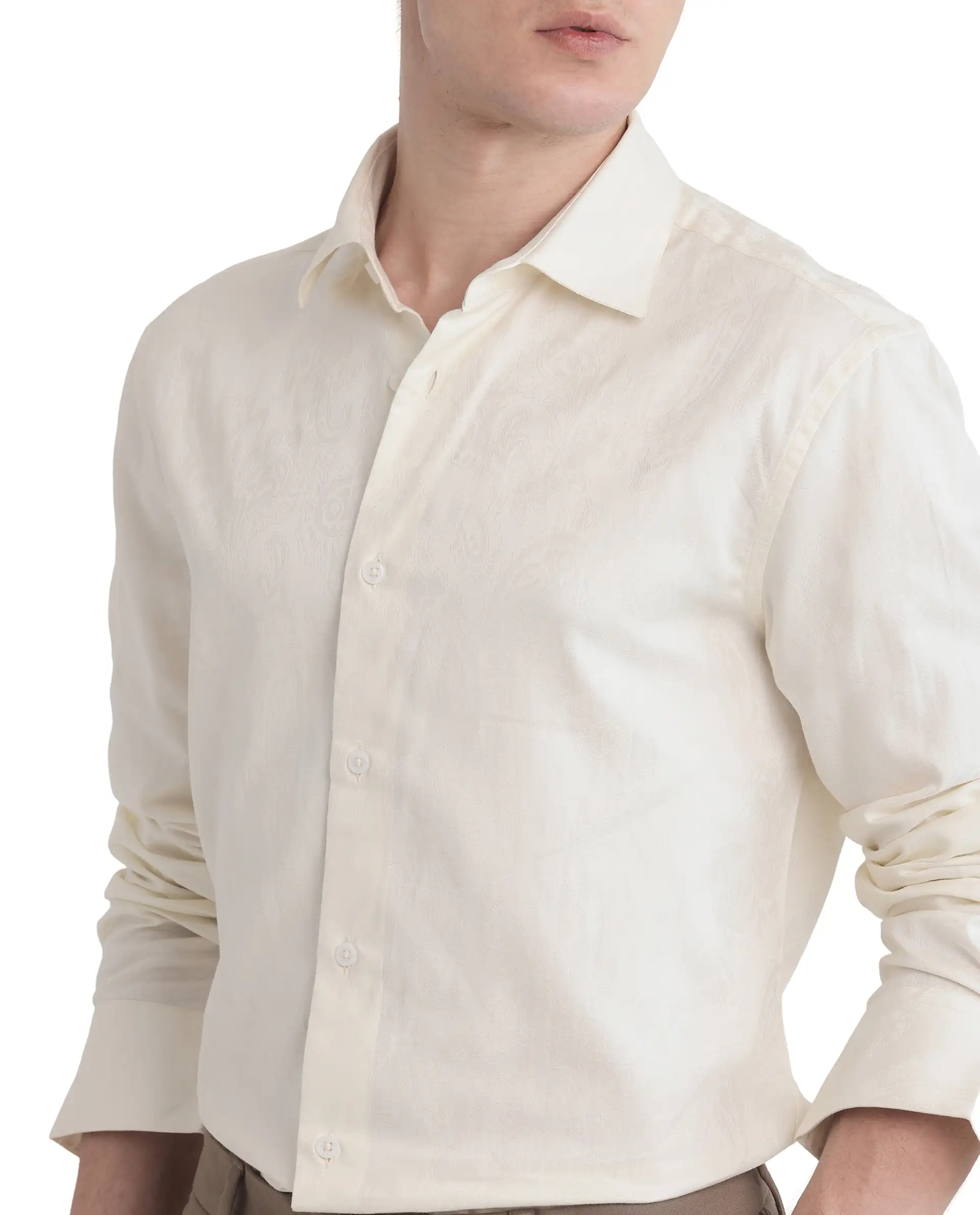 Rare Rabbit Men's Flarp Off White Cotton Jacquard Regular Fit Full Sleeve Collared Shirt - Image 3