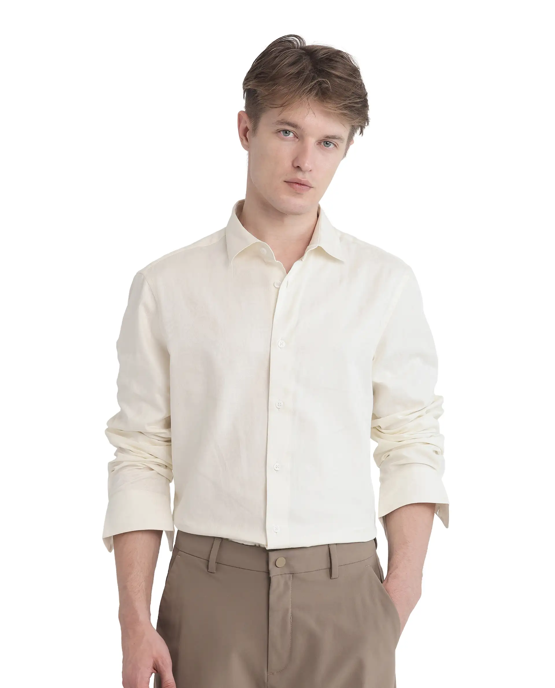 Rare Rabbit Men's Flarp Off White Cotton Jacquard Regular Fit Full Sleeve Collared Shirt - Image 6