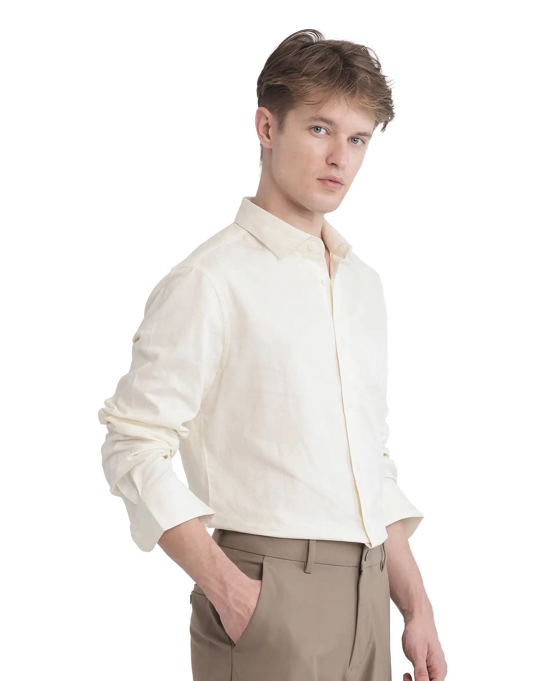 Rare Rabbit Men's Flarp Off White Cotton Jacquard Regular Fit Full Sleeve Collared Shirt - Image 7