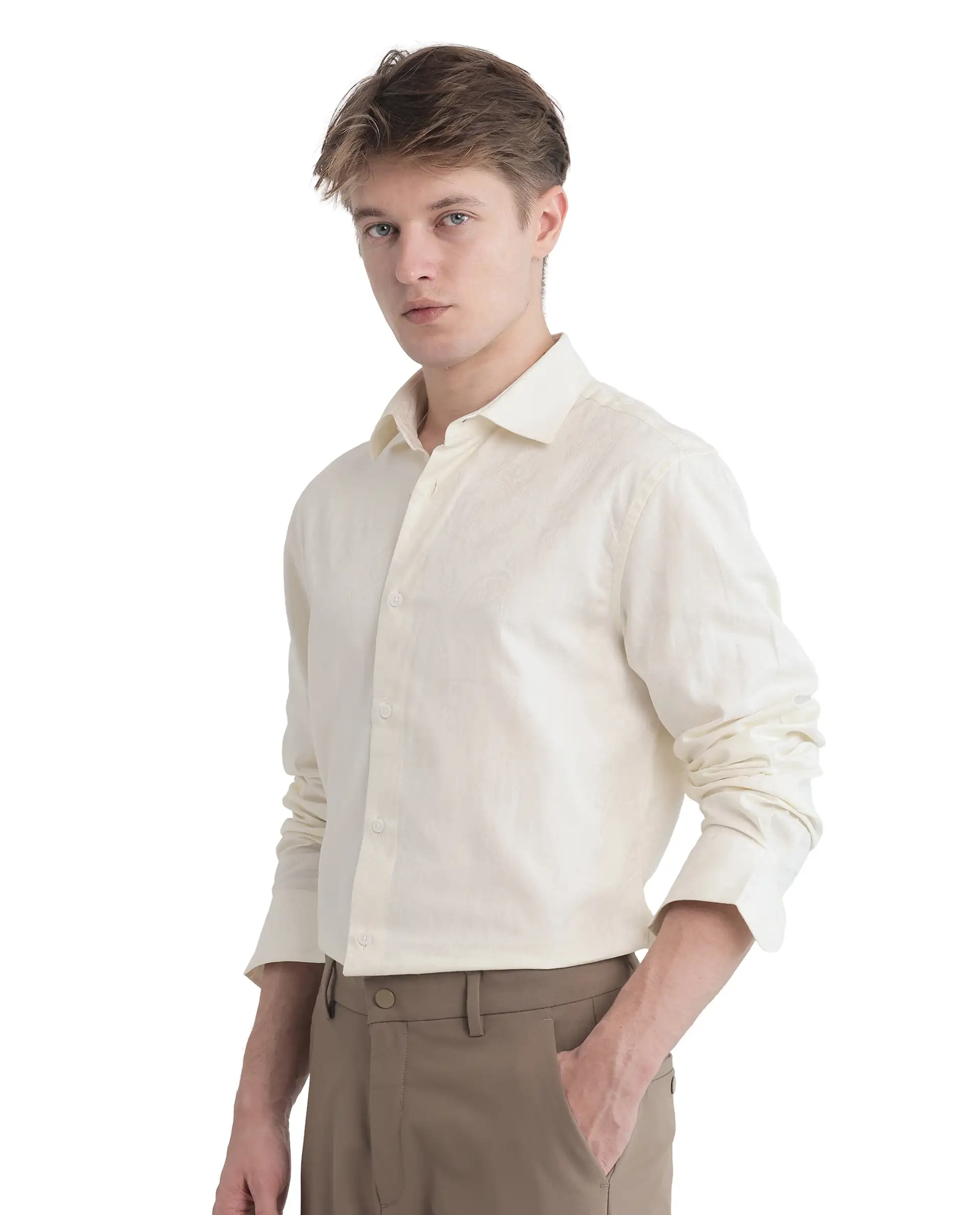 Rare Rabbit Men's Flarp Off White Cotton Jacquard Regular Fit Full Sleeve Collared Shirt - Image 8