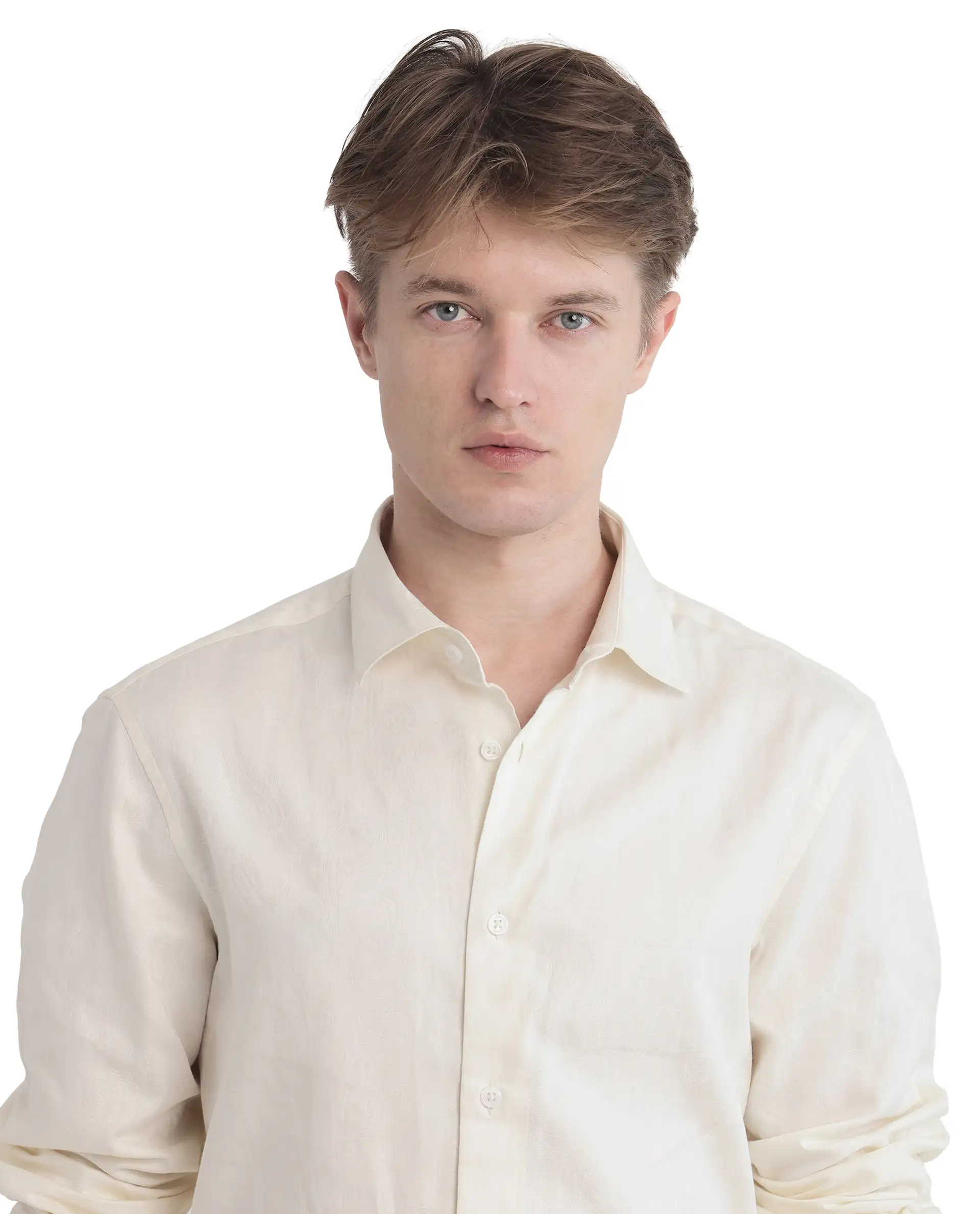 Rare Rabbit Men's Flarp Off White Cotton Jacquard Regular Fit Full Sleeve Collared Shirt - Image 9