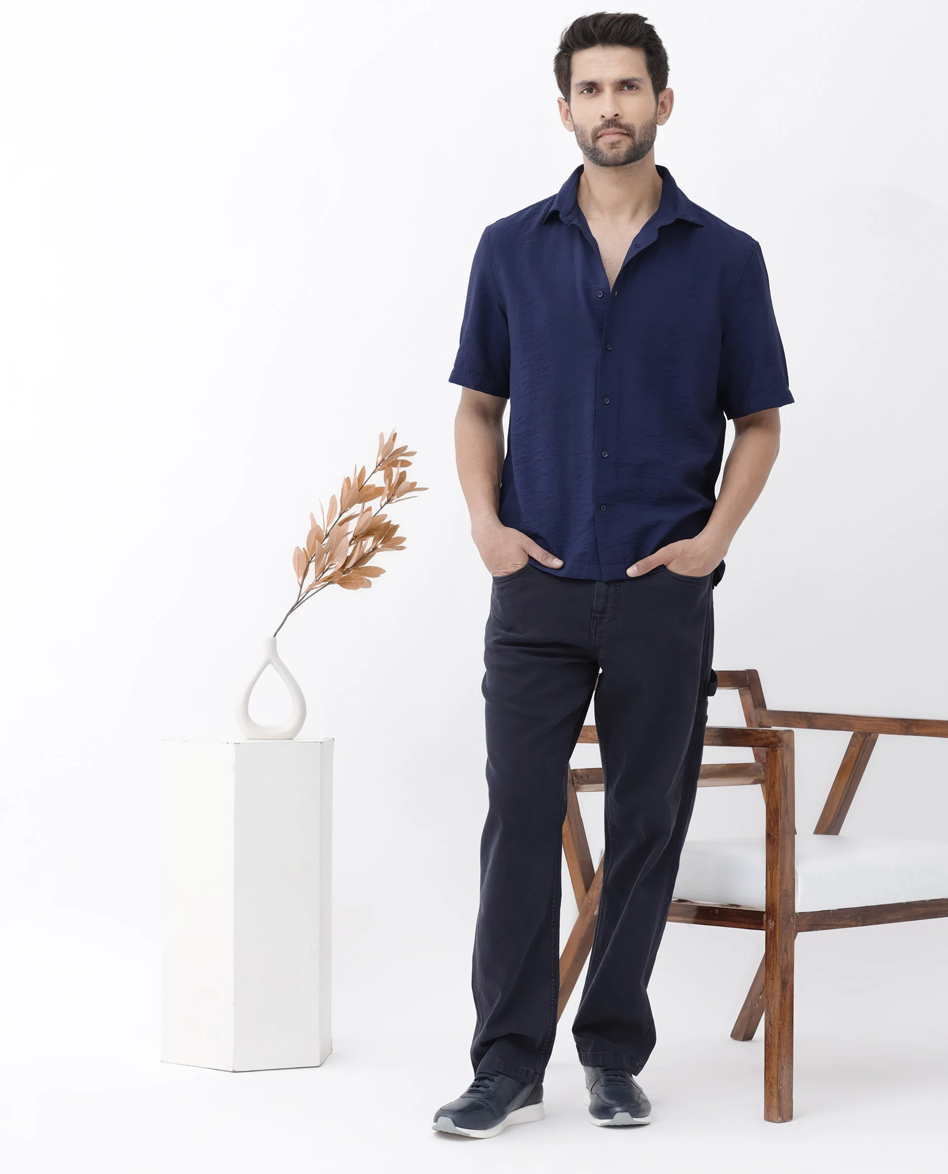 Rare Rabbit Men's Flo-11 Navy Viscose Blend Plain Boxy Fit Half Sleeve Collared Shirt - Image 4