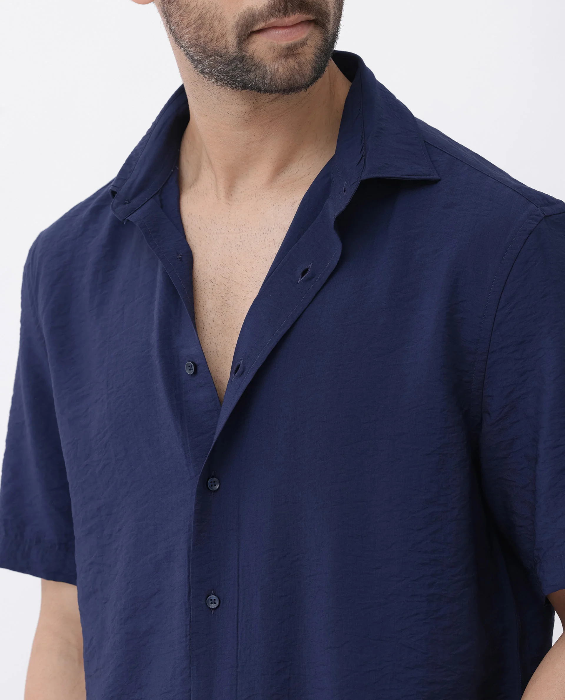 Rare Rabbit Men's Flo-11 Navy Viscose Blend Plain Boxy Fit Half Sleeve Collared Shirt - Image 5