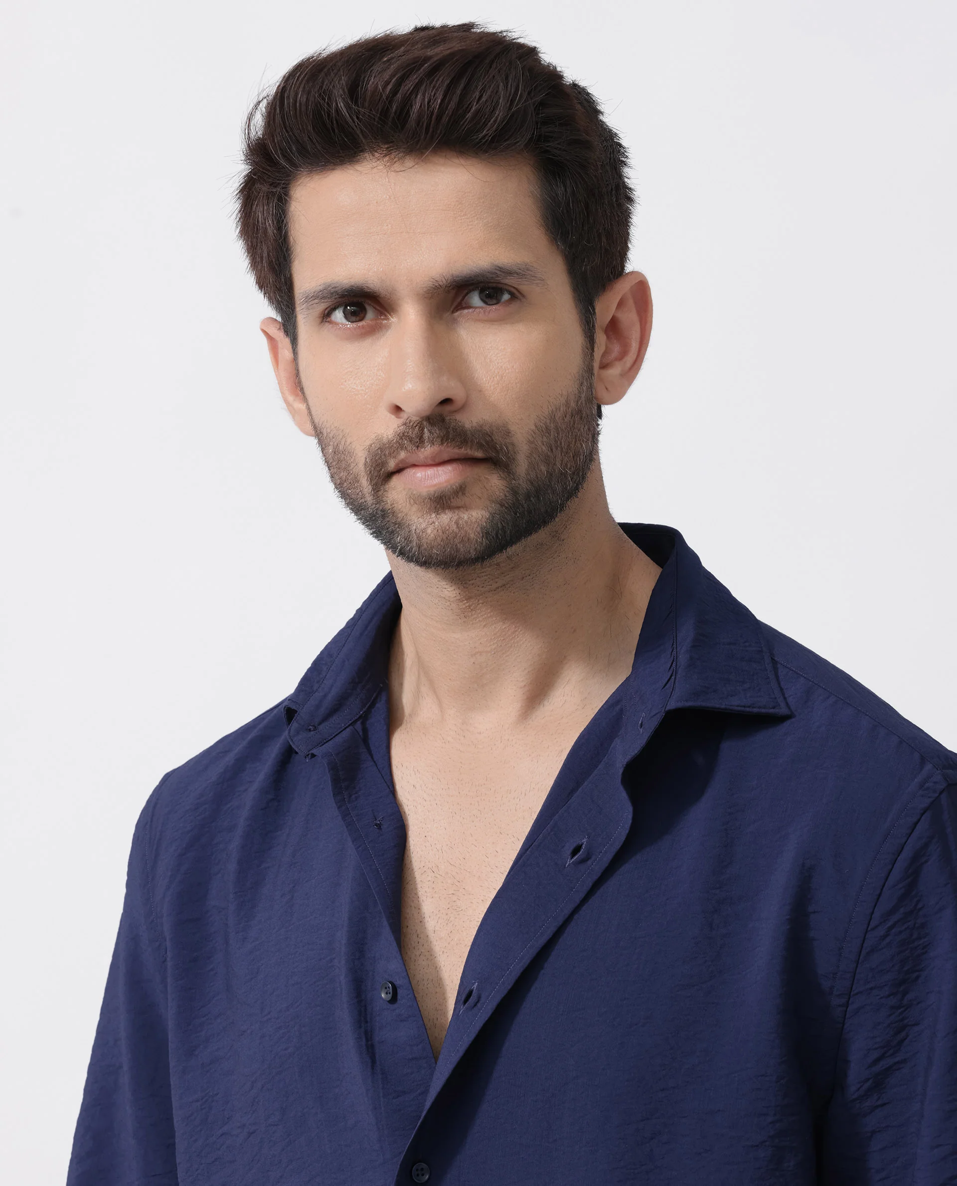 Rare Rabbit Men's Flo-11 Navy Viscose Blend Plain Boxy Fit Half Sleeve Collared Shirt - Image 6