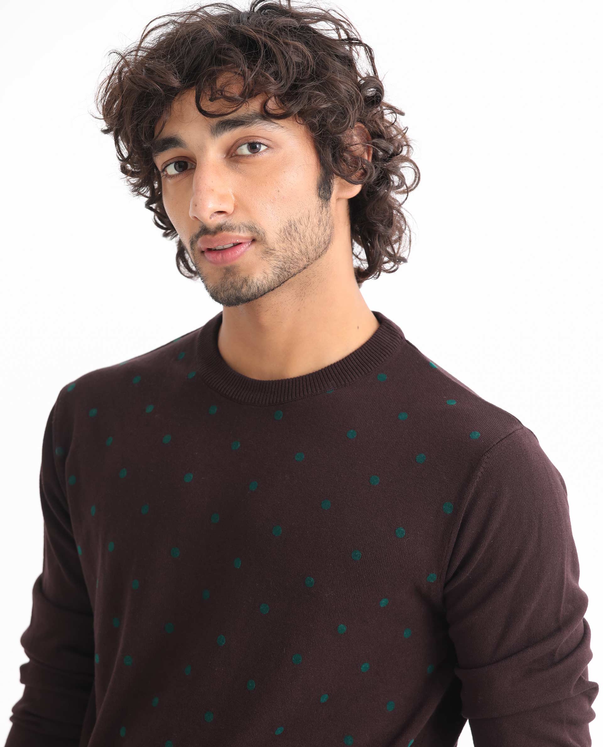 Rare Rabbit Men's Flock Maroon Viscose Polka Print Relaxed Fit Full Sleeve Crew Neck Sweater