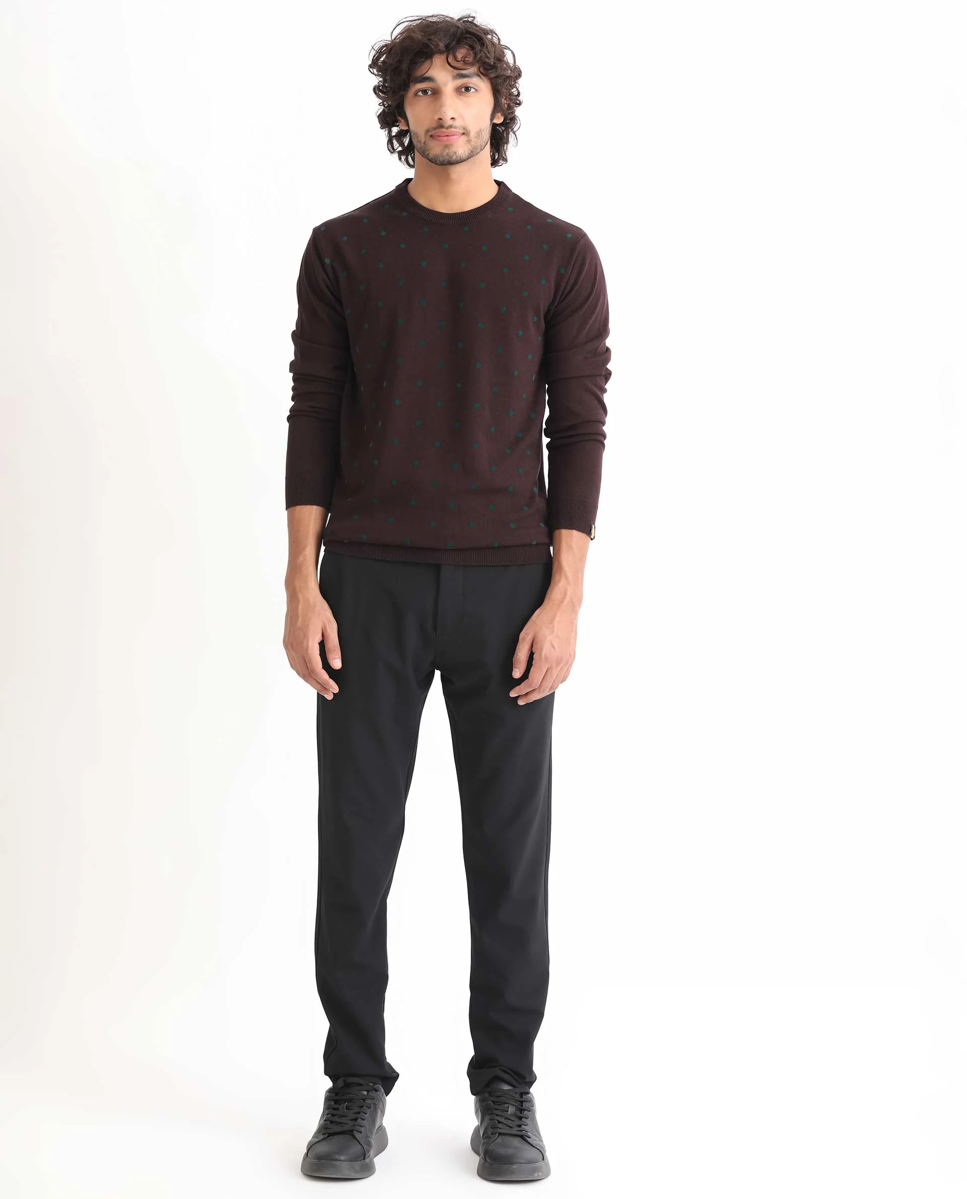 Rare Rabbit Men's Flock Maroon Viscose Polka Print Relaxed Fit Full Sleeve Crew Neck Sweater - Image 3