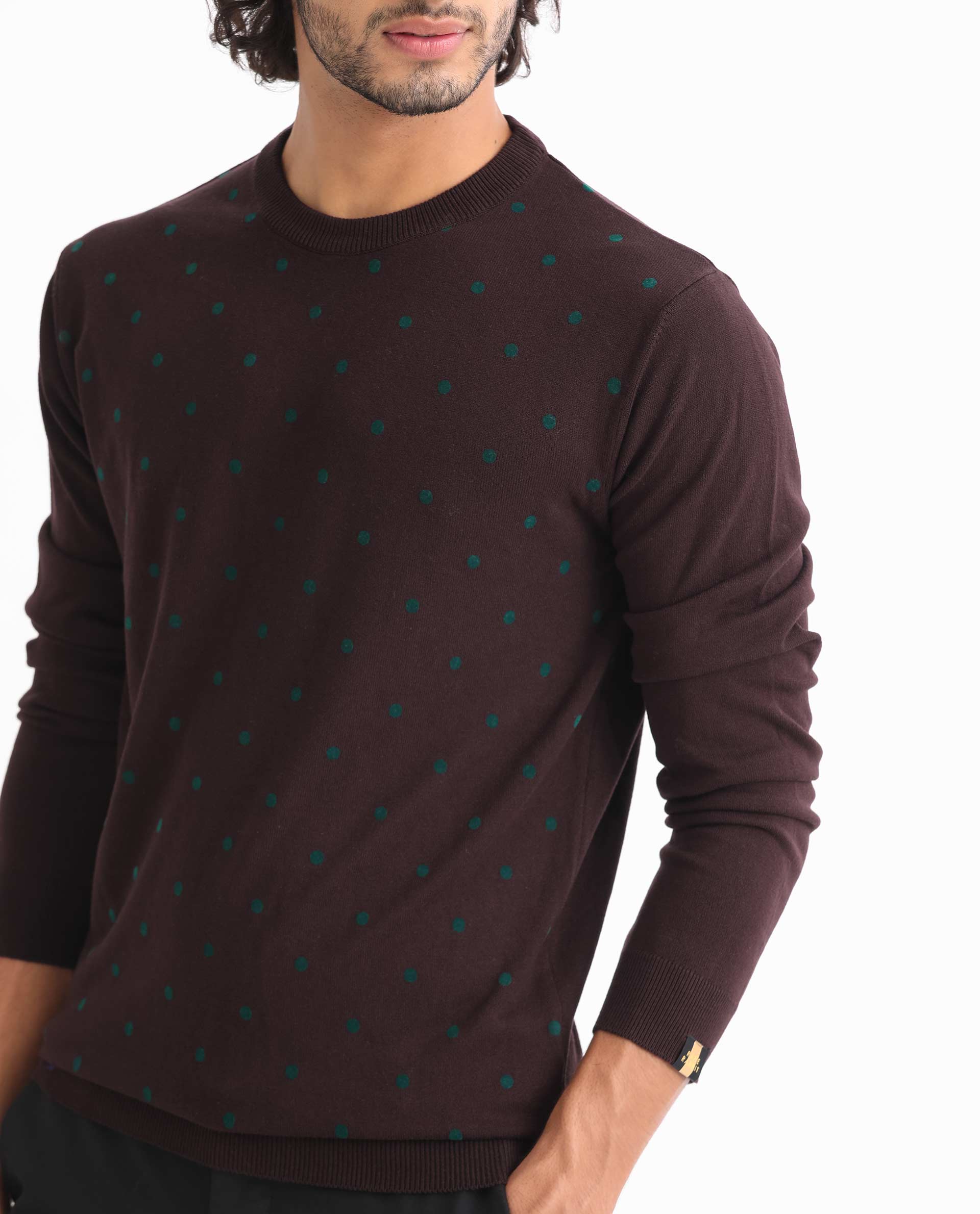 Rare Rabbit Men's Flock Maroon Viscose Polka Print Relaxed Fit Full Sleeve Crew Neck Sweater - Image 5
