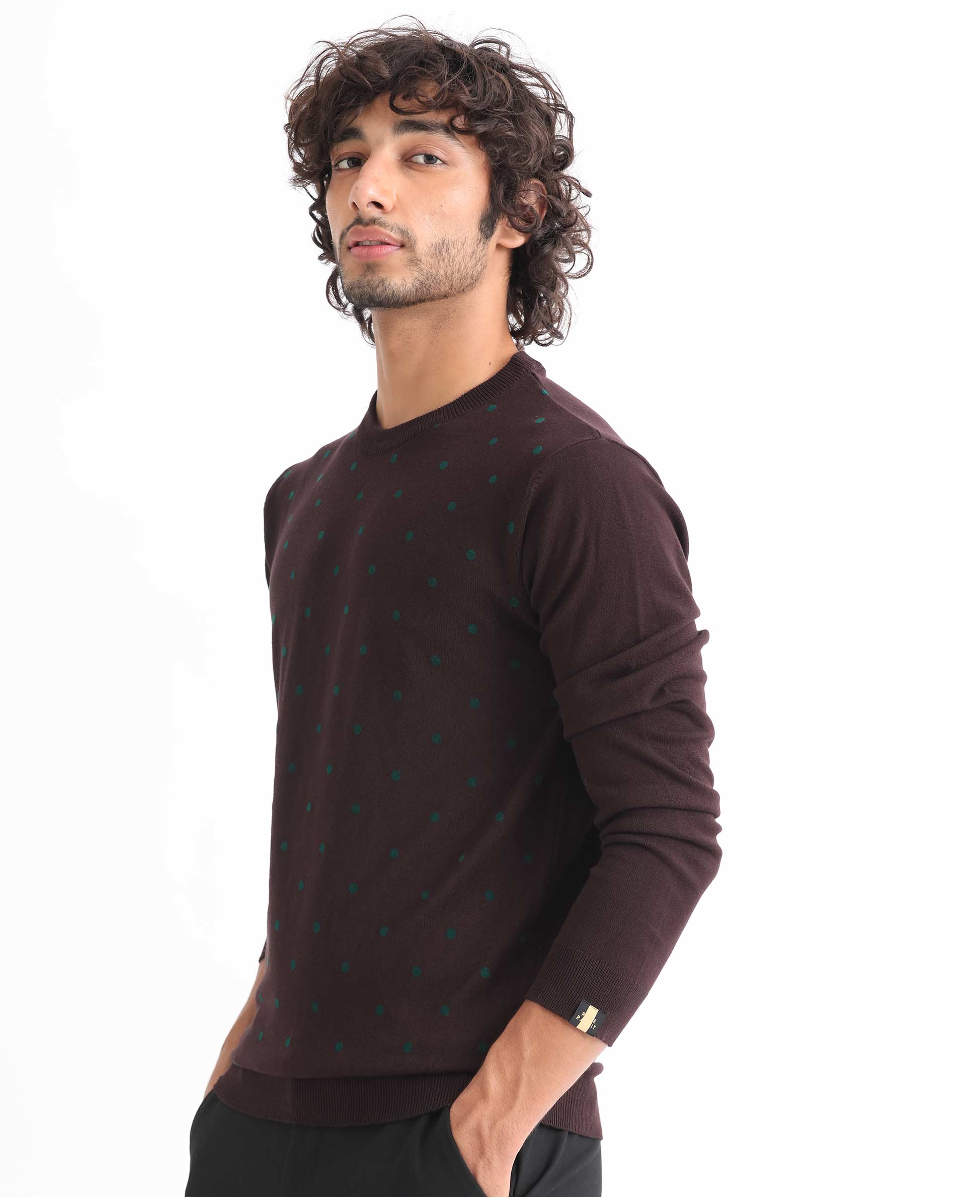 Rare Rabbit Men's Flock Maroon Viscose Polka Print Relaxed Fit Full Sleeve Crew Neck Sweater - Image 6