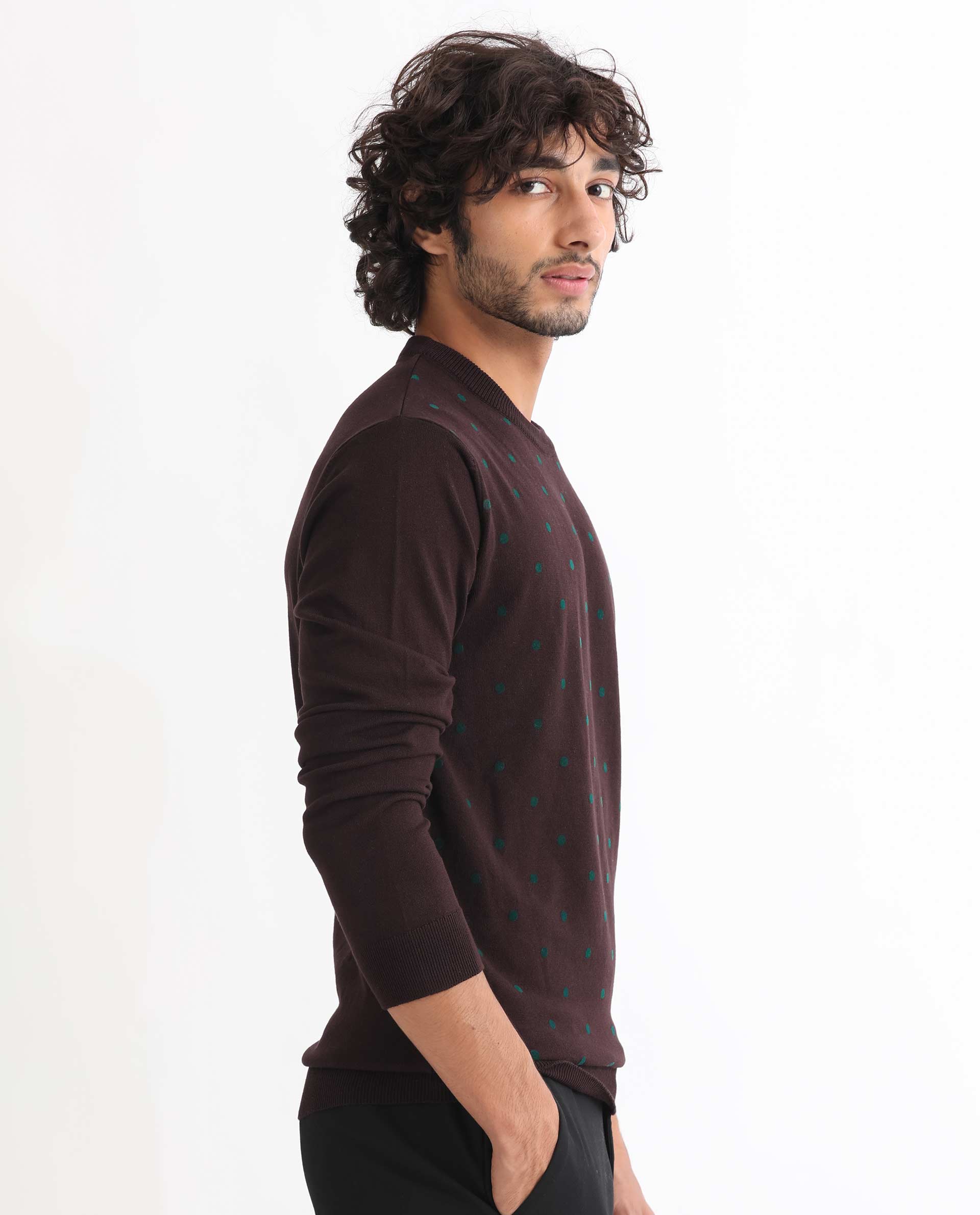 Rare Rabbit Men's Flock Maroon Viscose Polka Print Relaxed Fit Full Sleeve Crew Neck Sweater - Image 7