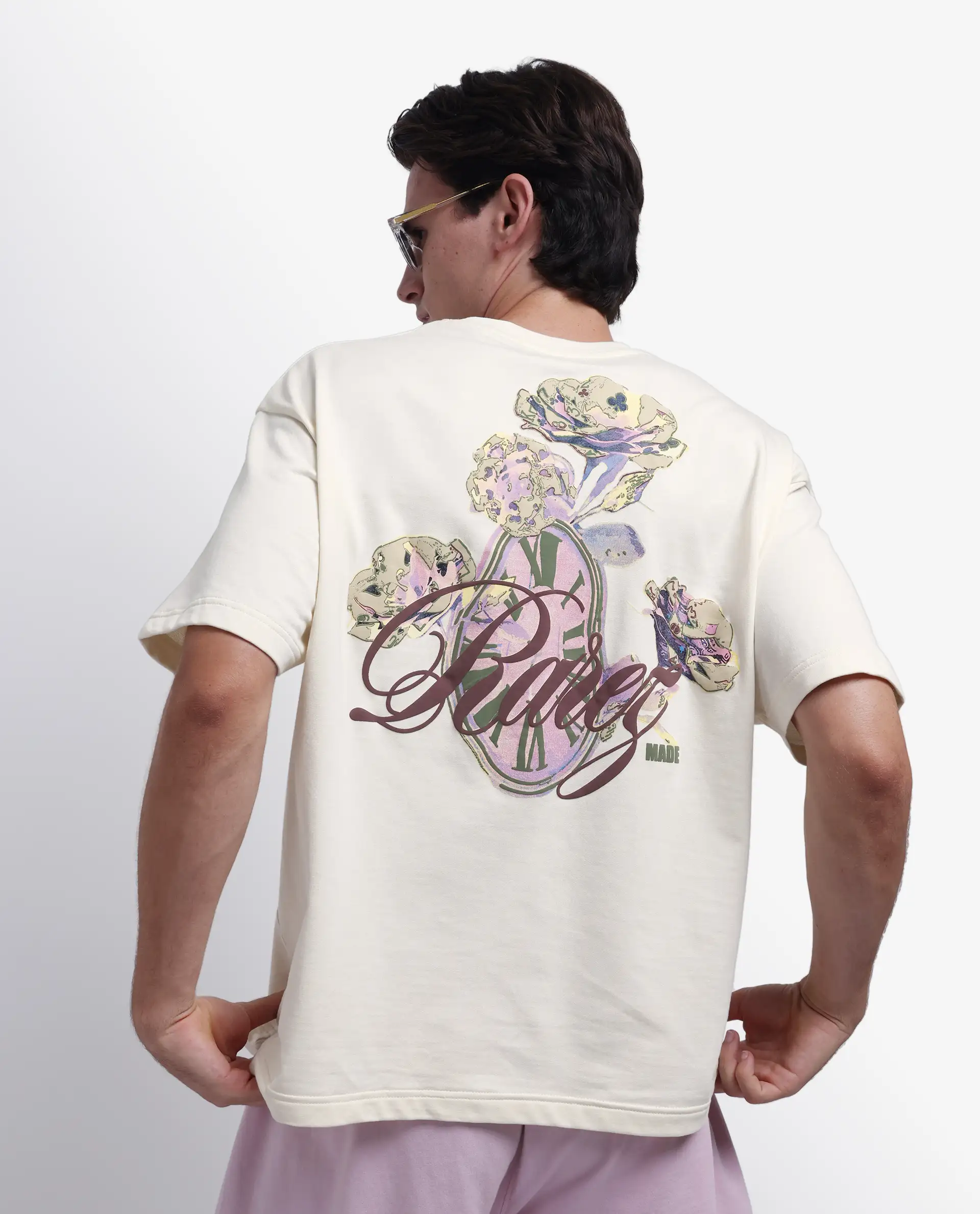 Rare Rabbit Men's Fluen Off White Cotton Graphic Print Oversized Fit Half Sleeve Crew Neck T-Shirt