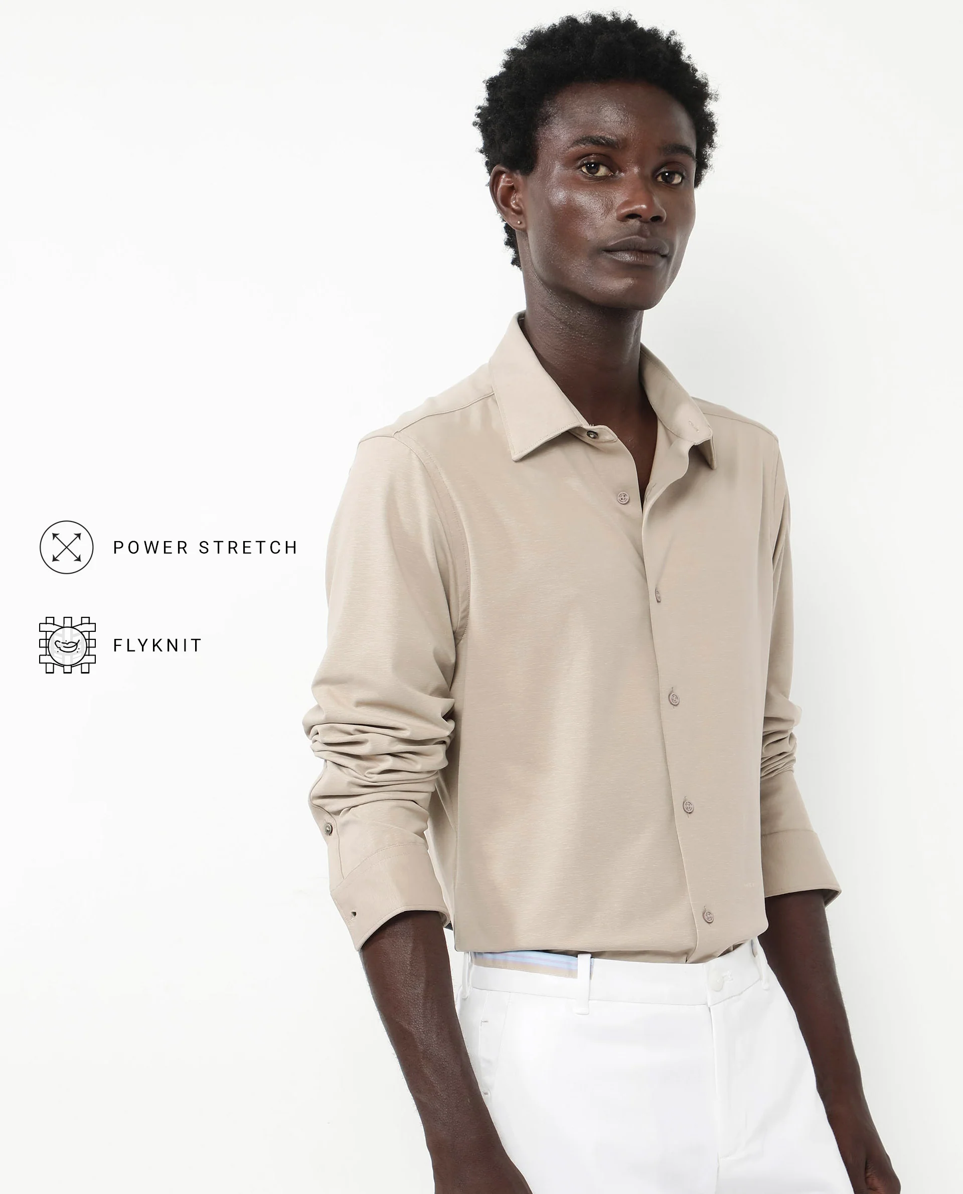 Rare Rabbit Men's Flyknit Beige Cotton Plain Regular Fit Full Sleeve Collared Shirt
