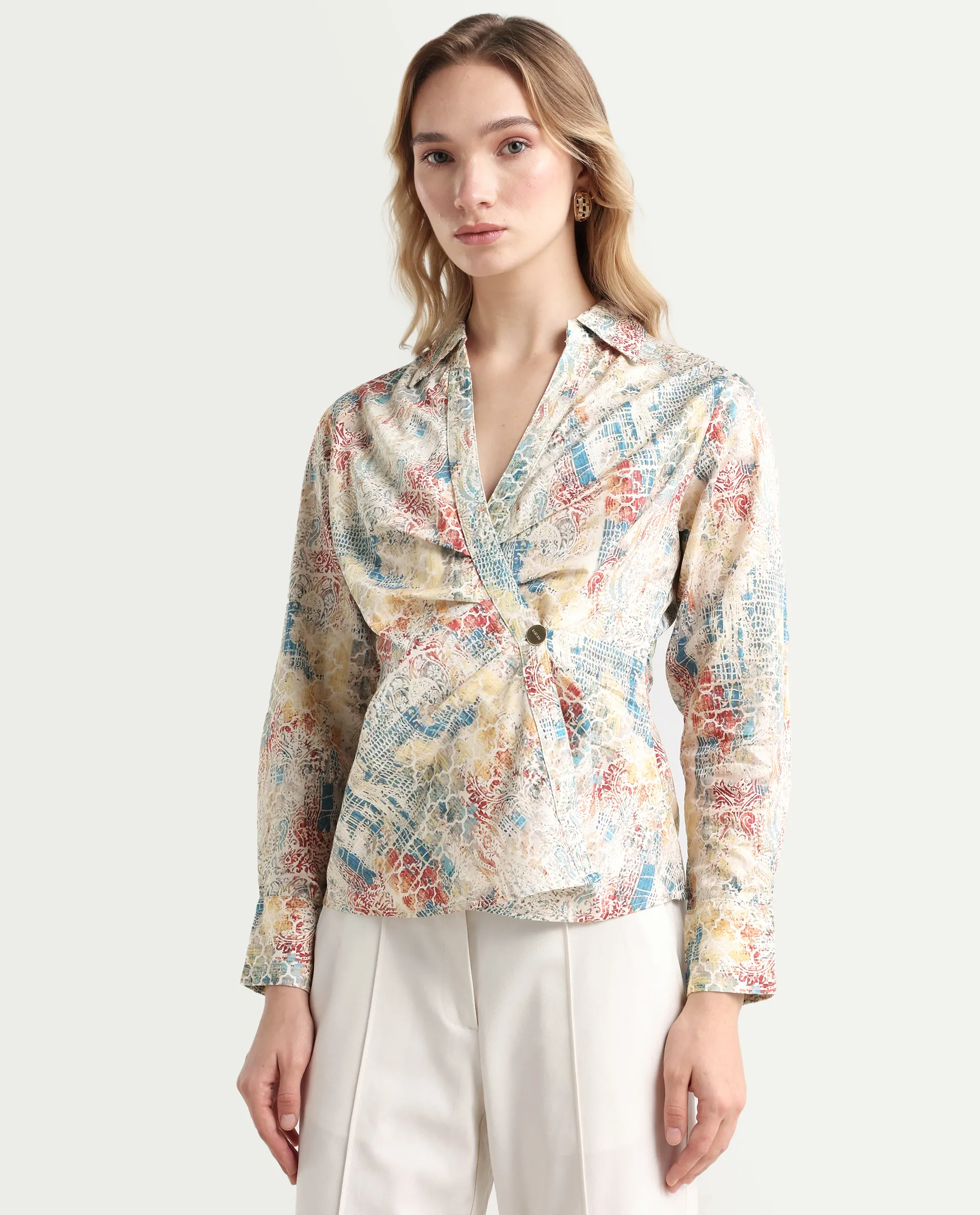 Rareism Women's Foggia Light Multi Cotton Blend Johnny Collar Abstract Print Regular Fit Top - Image 6