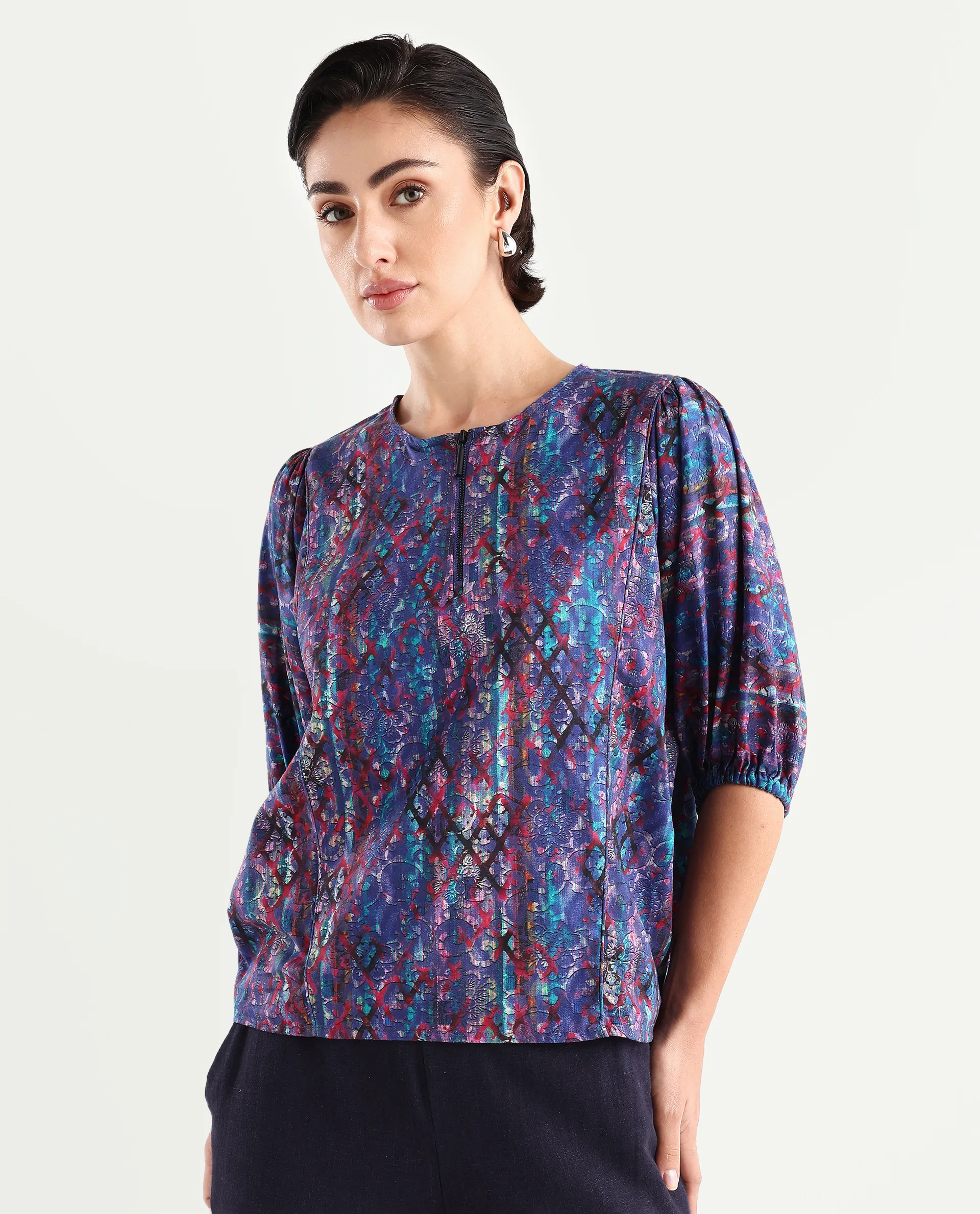 Rareism Women's Forli Multi Cotton Blend Crew Neck Abstract Print Kimono Sleeve Regular Fit Top