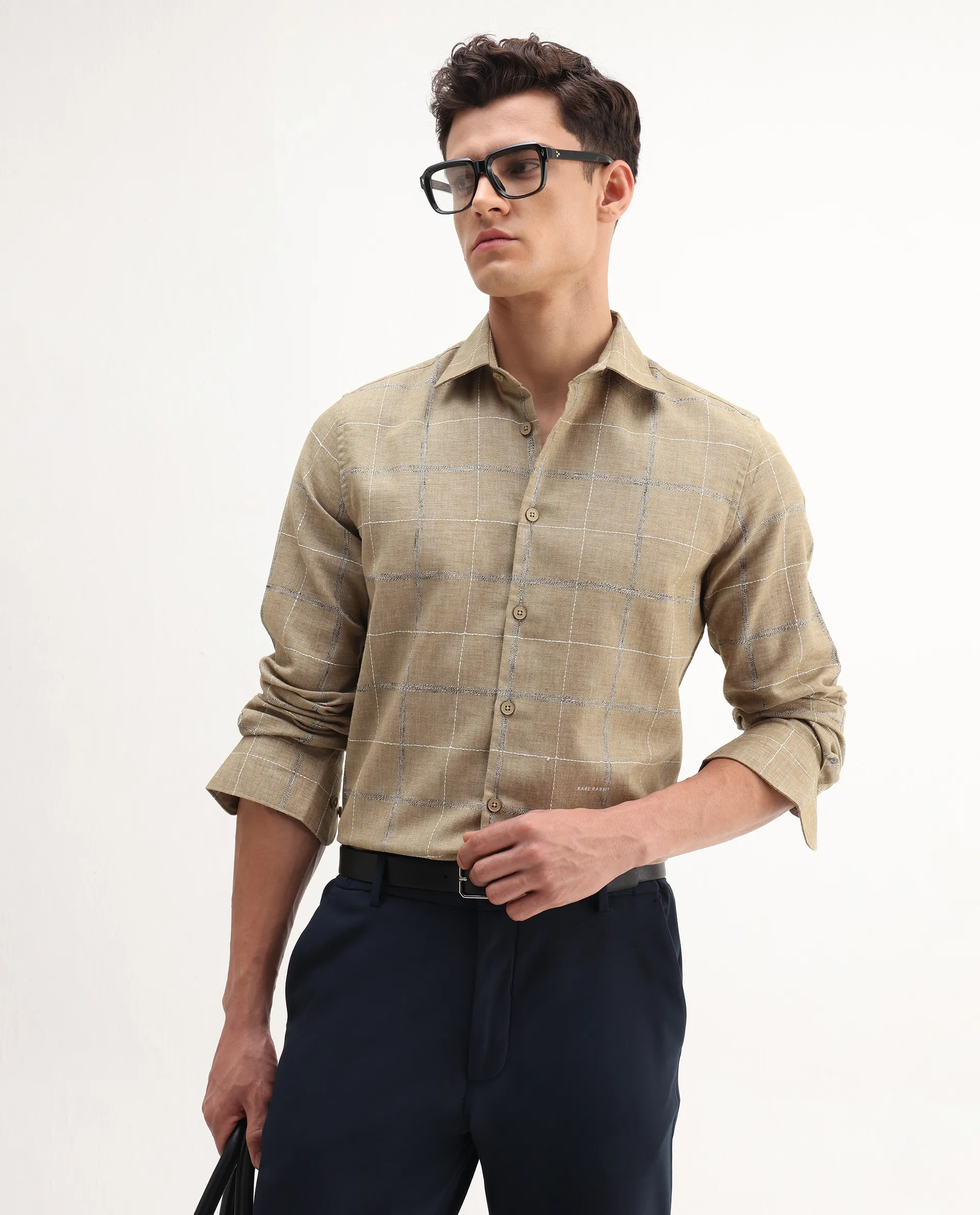 Rare Rabbit Men's Foter Khaki Polyester Blend Embroidered Regular Fit Full Sleeve Collared Shirt