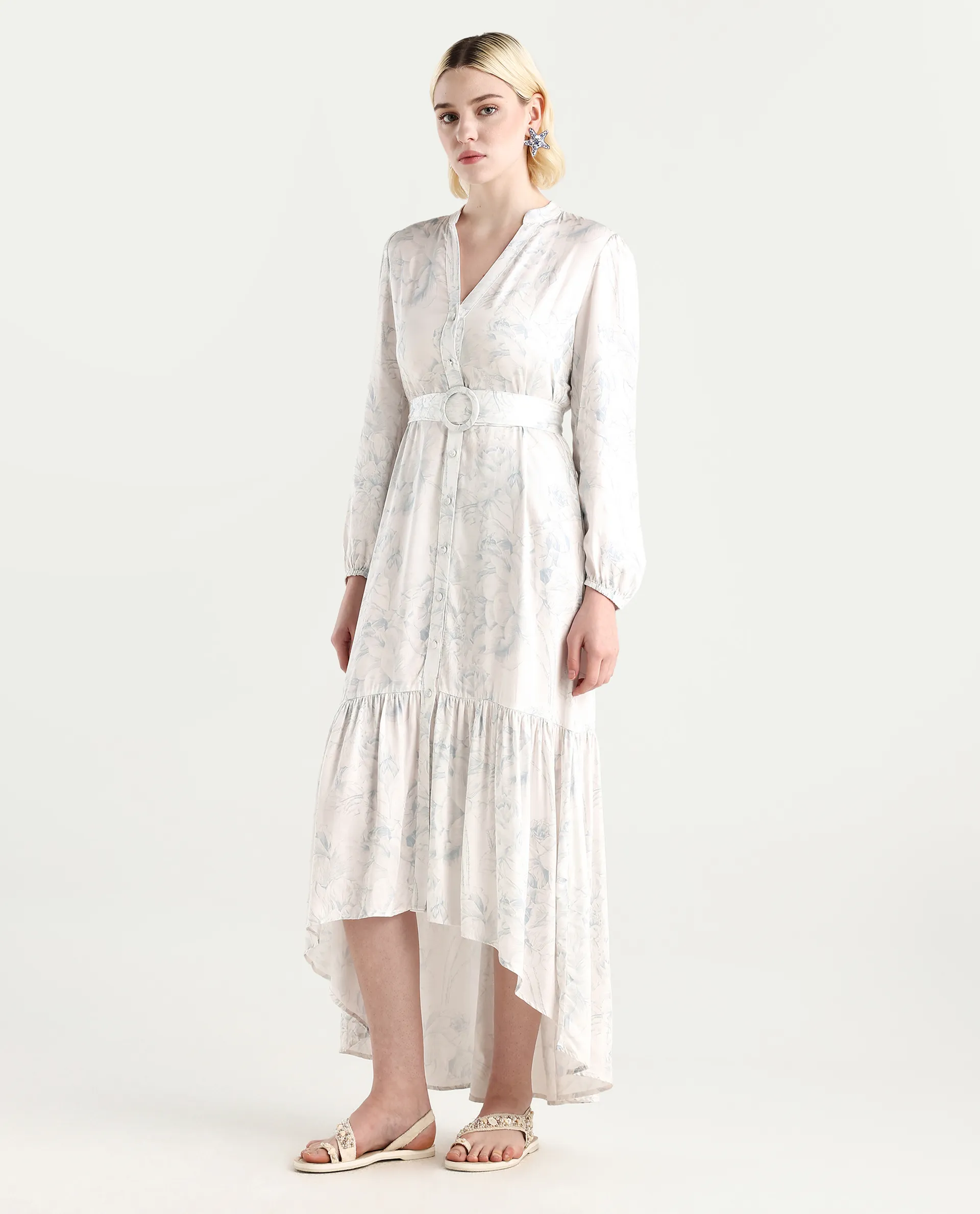 Rareism Women's Freno Off White Cotton Blend V-Neck Floral Print Maxi Straight Fit Dress - Image 5