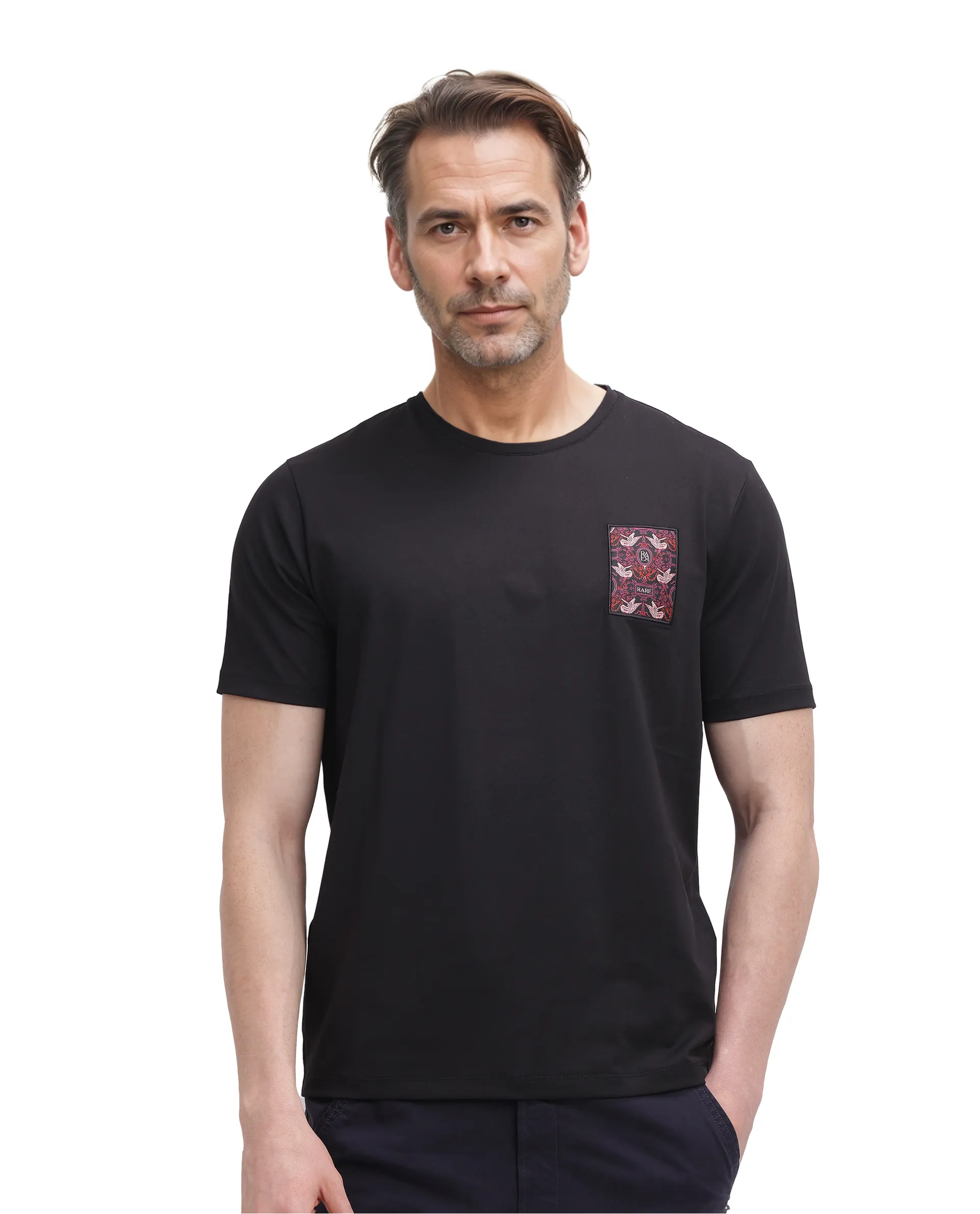 Rare Rabbit Men's Frovik Black Cotton Printed Regular Fit Half Sleeve Crew Neck T-Shirt