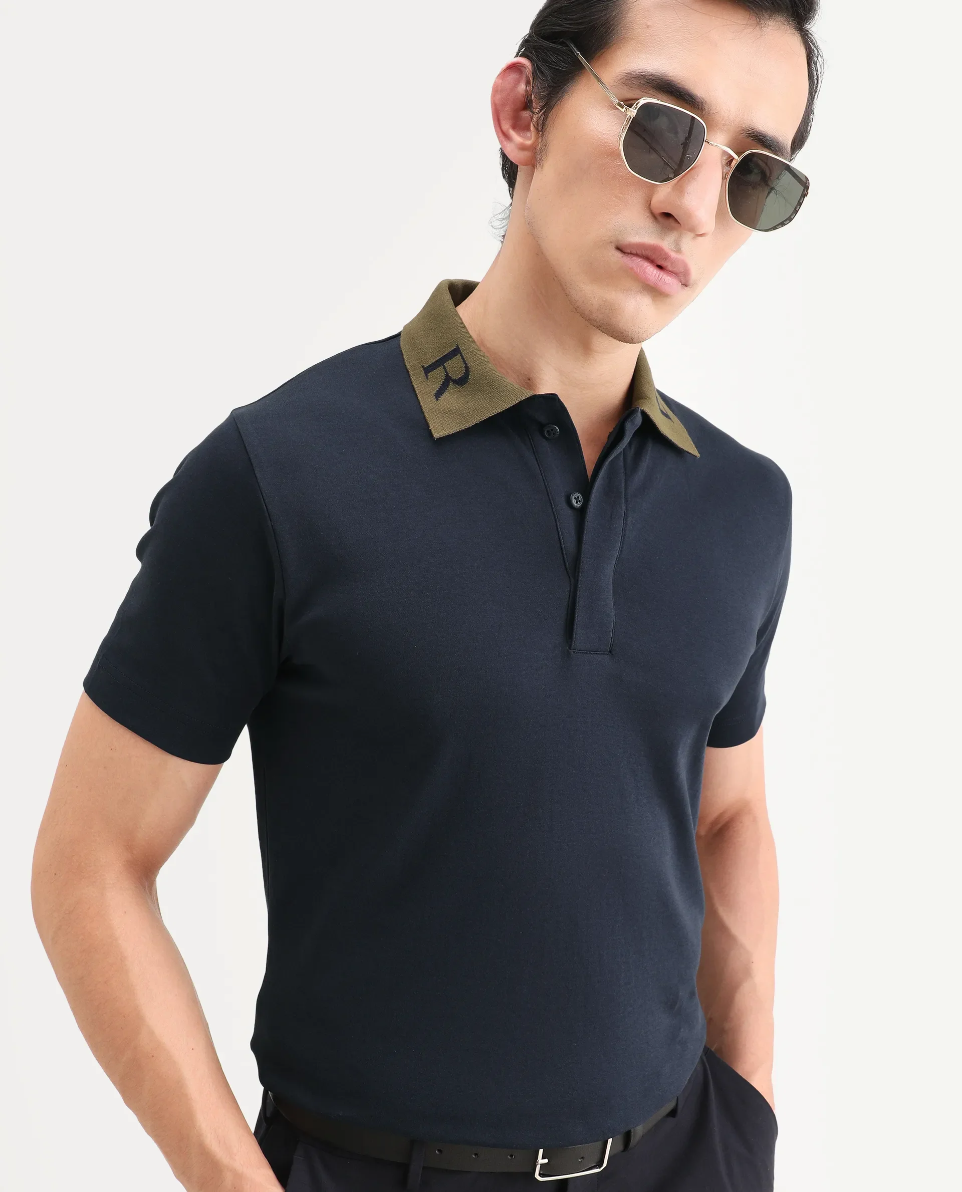 Rare Rabbit Men's Frow-S26 Navy Cotton Fabric Half Sleeve Spread Collar Regular Fit Plain Polo