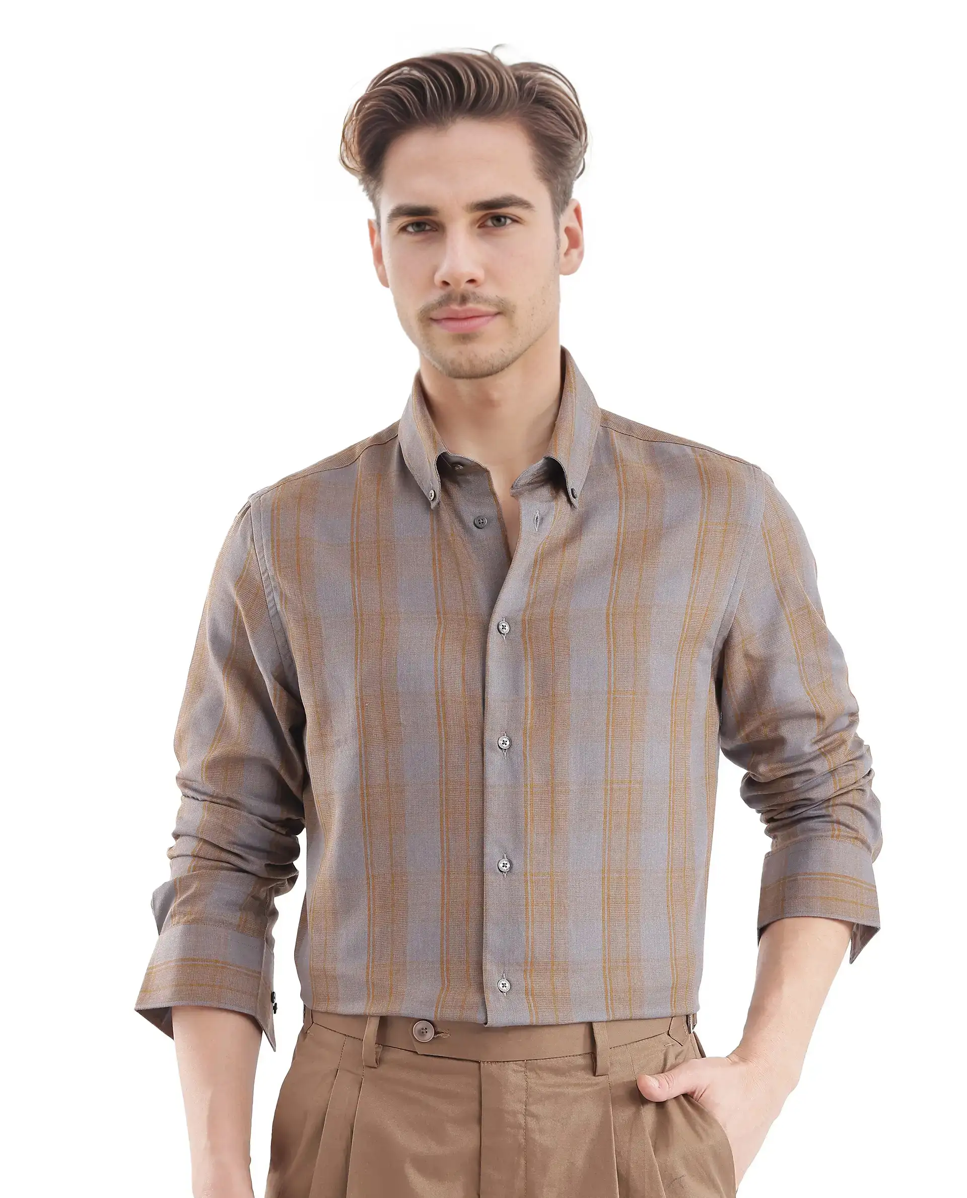 Rare Rabbit Men's Funto Dark Grey Cotton Checked Print Regular Fit Full Sleeve Collared Shirt