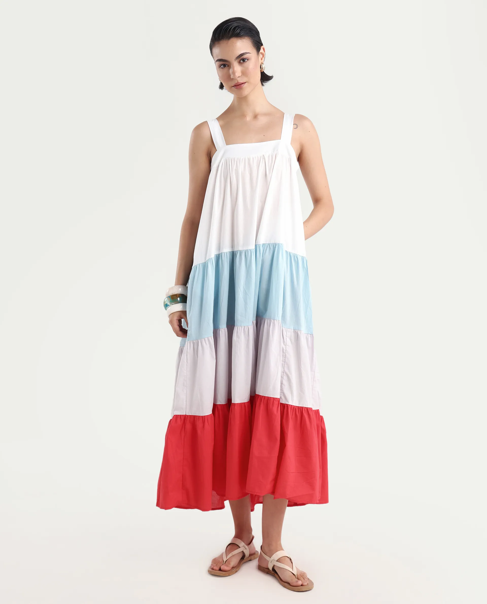 Rareism Women's Gama Multi Tube Neck Color Block Sleeveless Maxi Regular Fit Dress