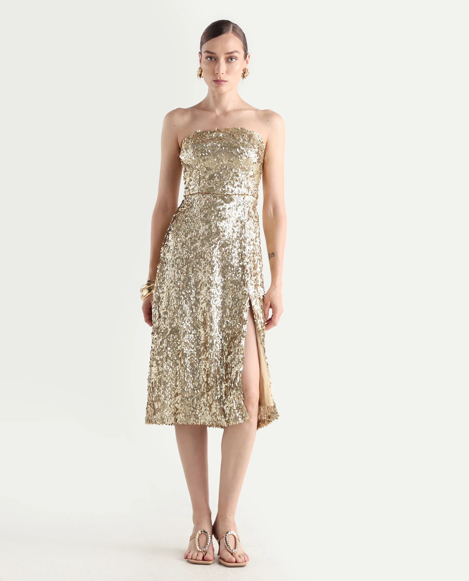Rareism Women's Ganvi Metallic Polyester Tube Neck Sequined Sleeveless Midi Fitted Dress - Image 4