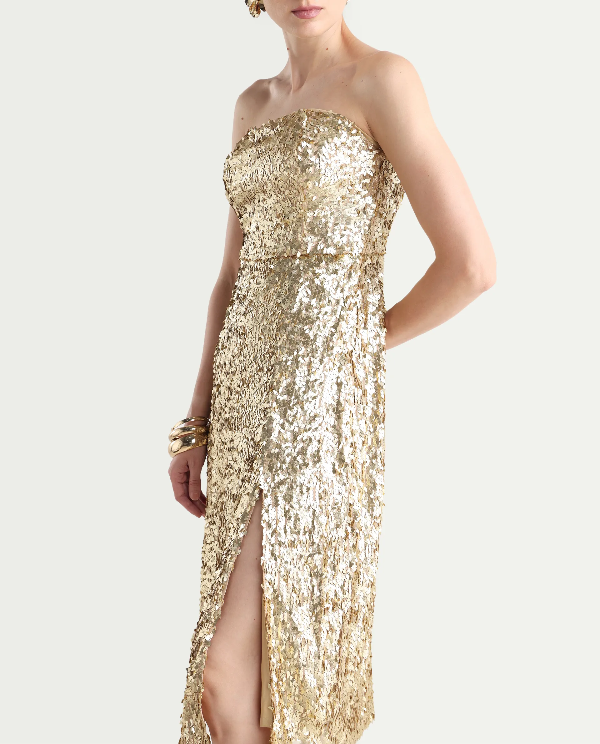 Rareism Women's Ganvi Metallic Polyester Tube Neck Sequined Sleeveless Midi Fitted Dress - Image 5