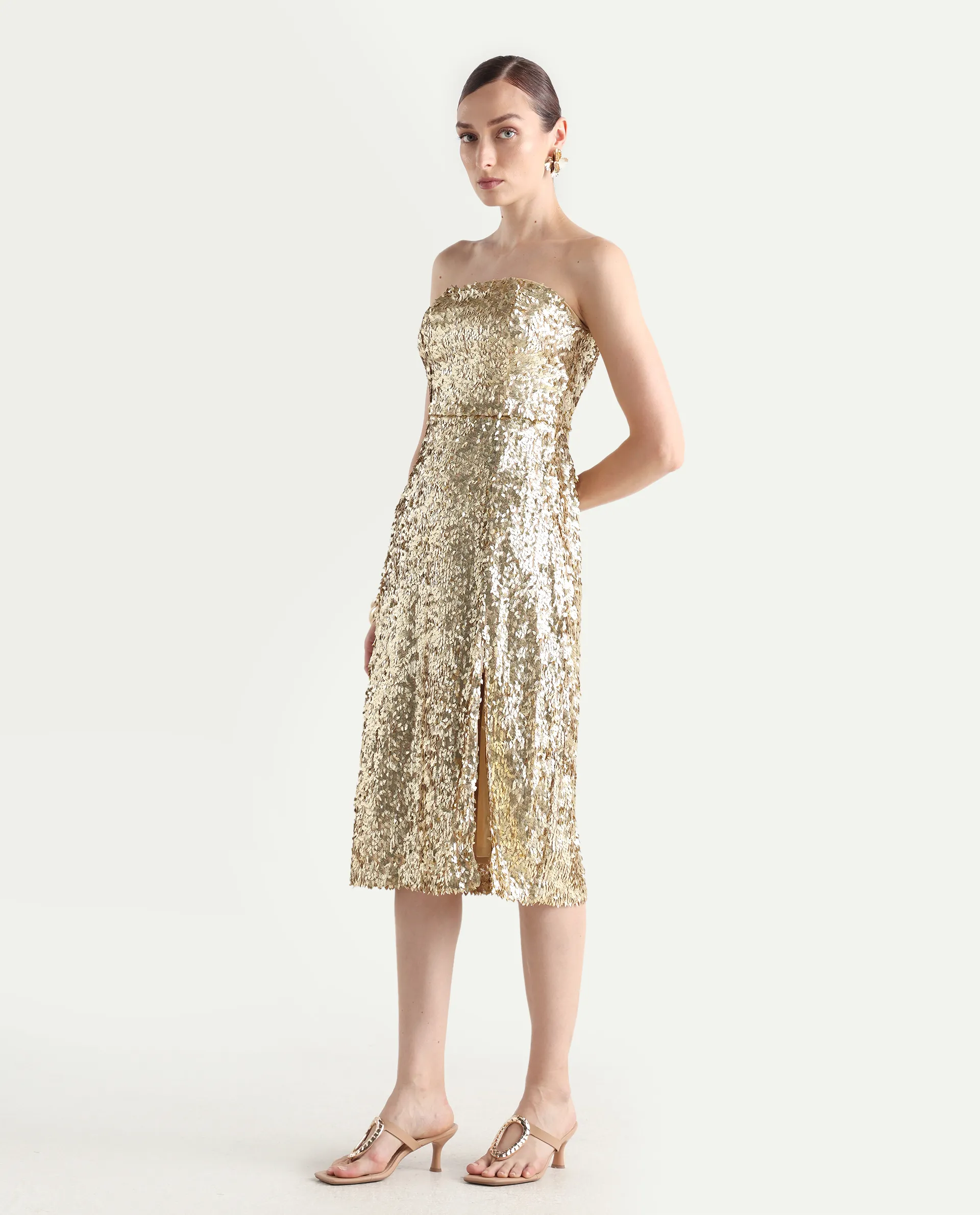 Rareism Women's Ganvi Metallic Polyester Tube Neck Sequined Sleeveless Midi Fitted Dress - Image 6